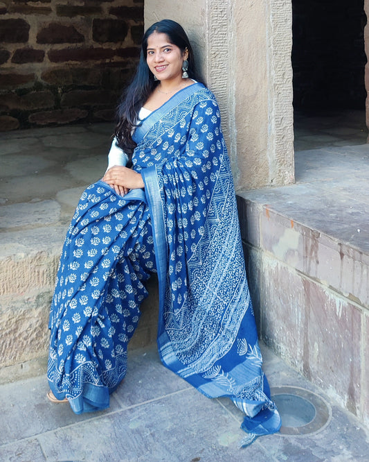 Indigo Slub Linen Saree