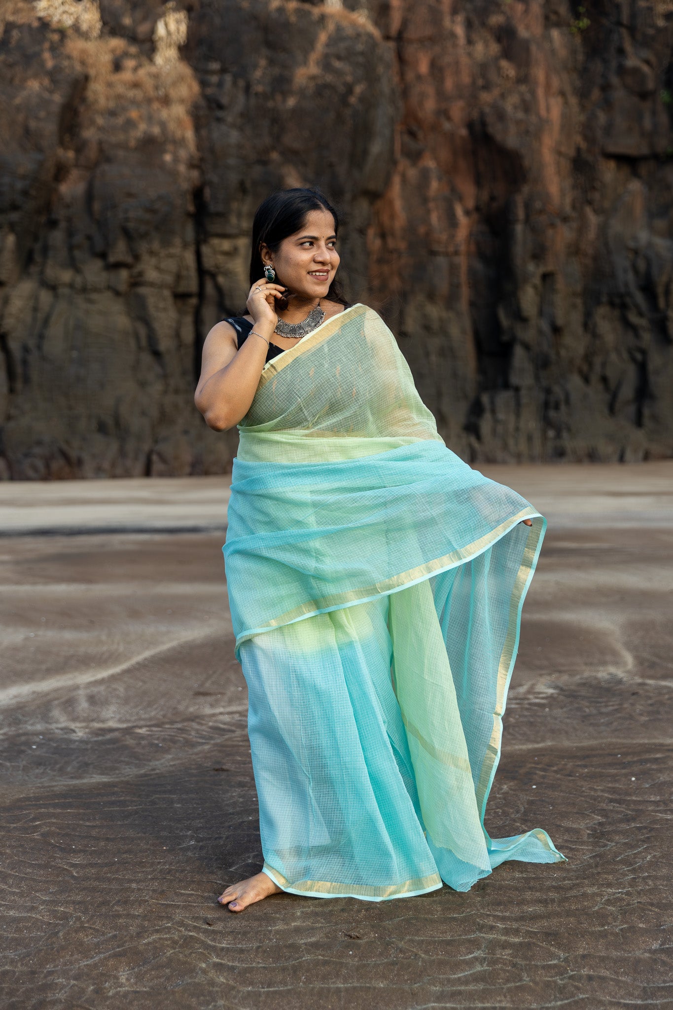 Aqua Green Ombre-Dyed Kota Doria Saree