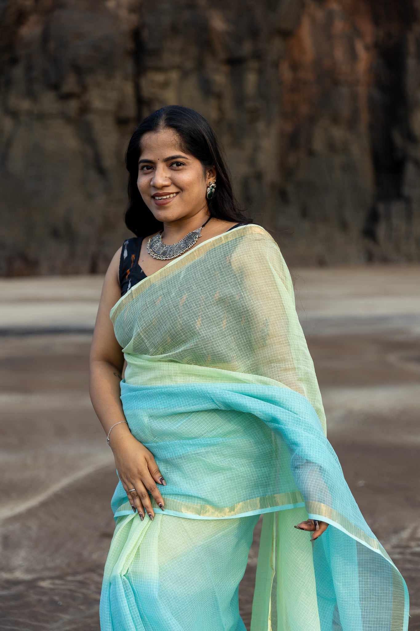 Aqua Green Ombre-Dyed Kota Doria Saree