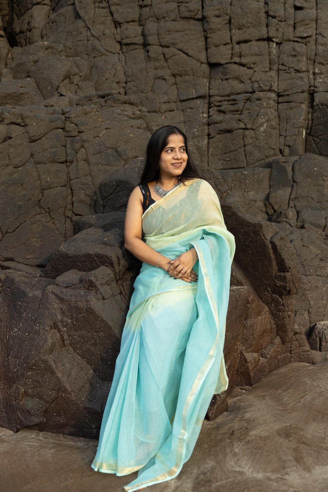 Aqua Green Ombre-Dyed Kota Doria Saree