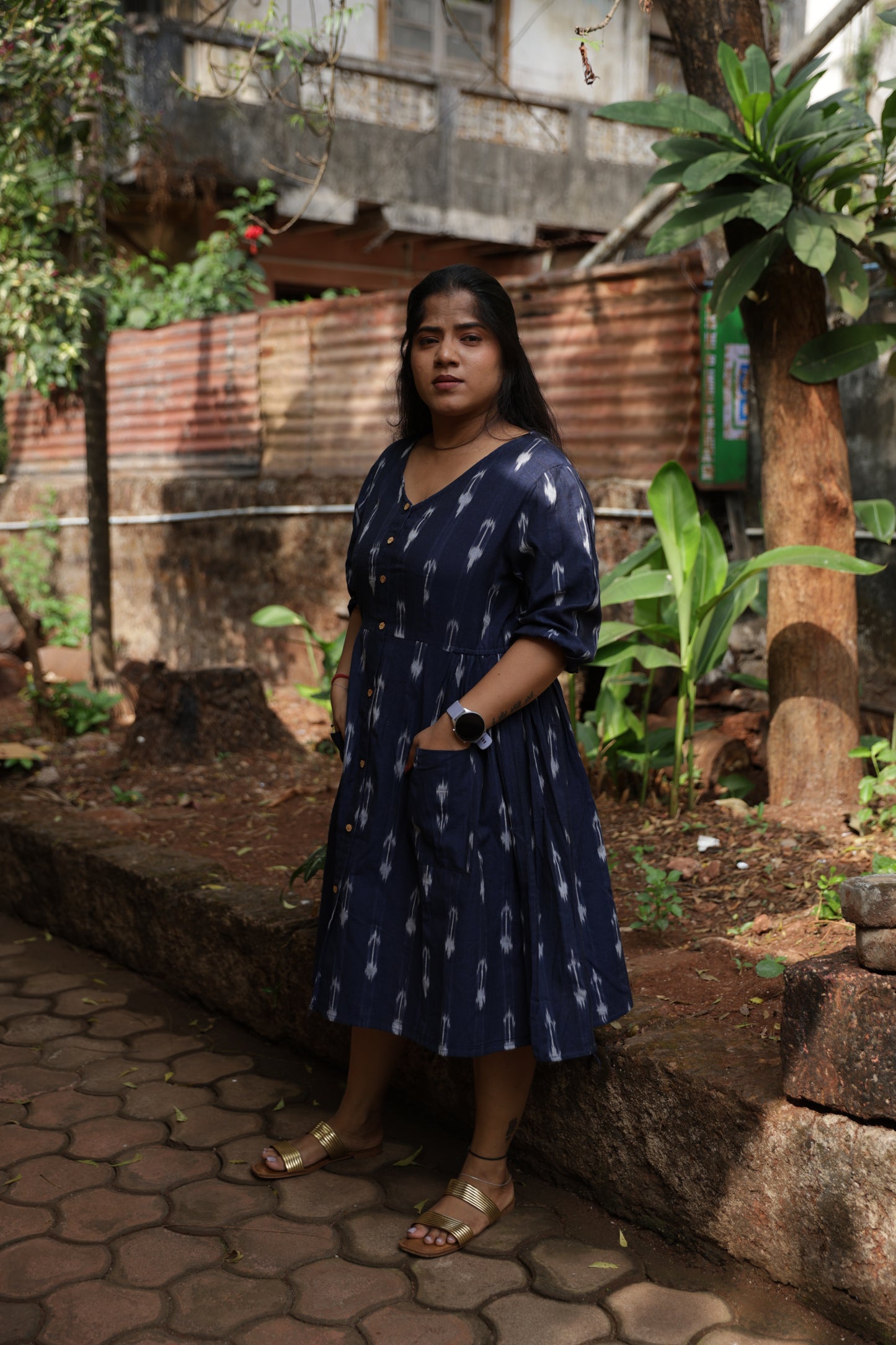 Navy Blue short Ikkat Dress