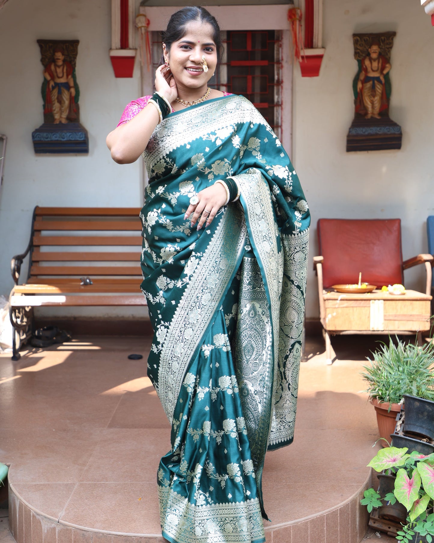 Bottle green Banarasi satin Saree