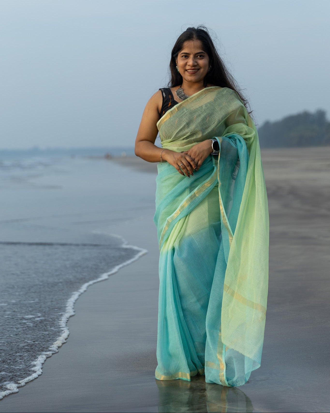 Aqua Green Ombre-Dyed Kota Doria Saree
