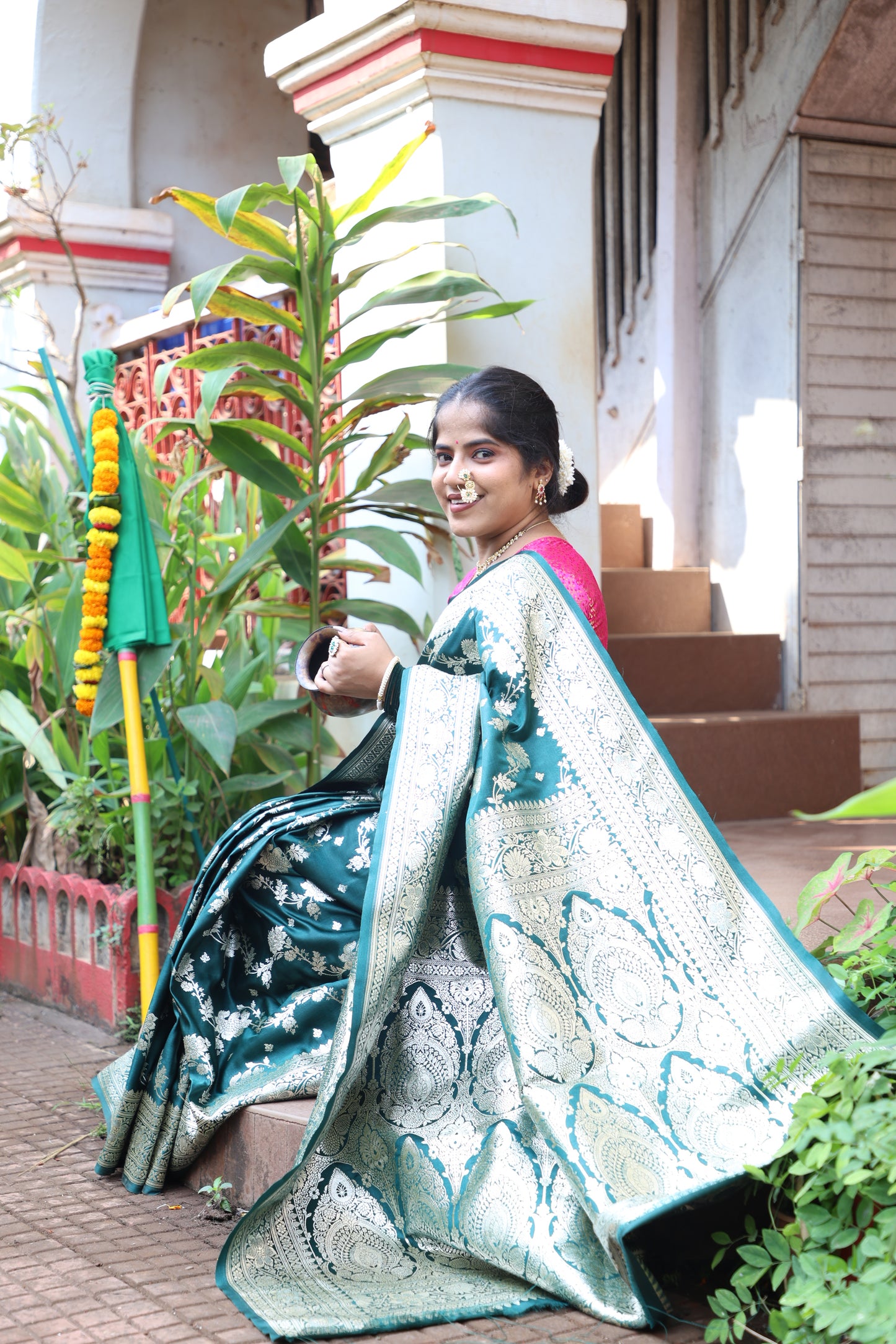Bottle green Banarasi satin Saree