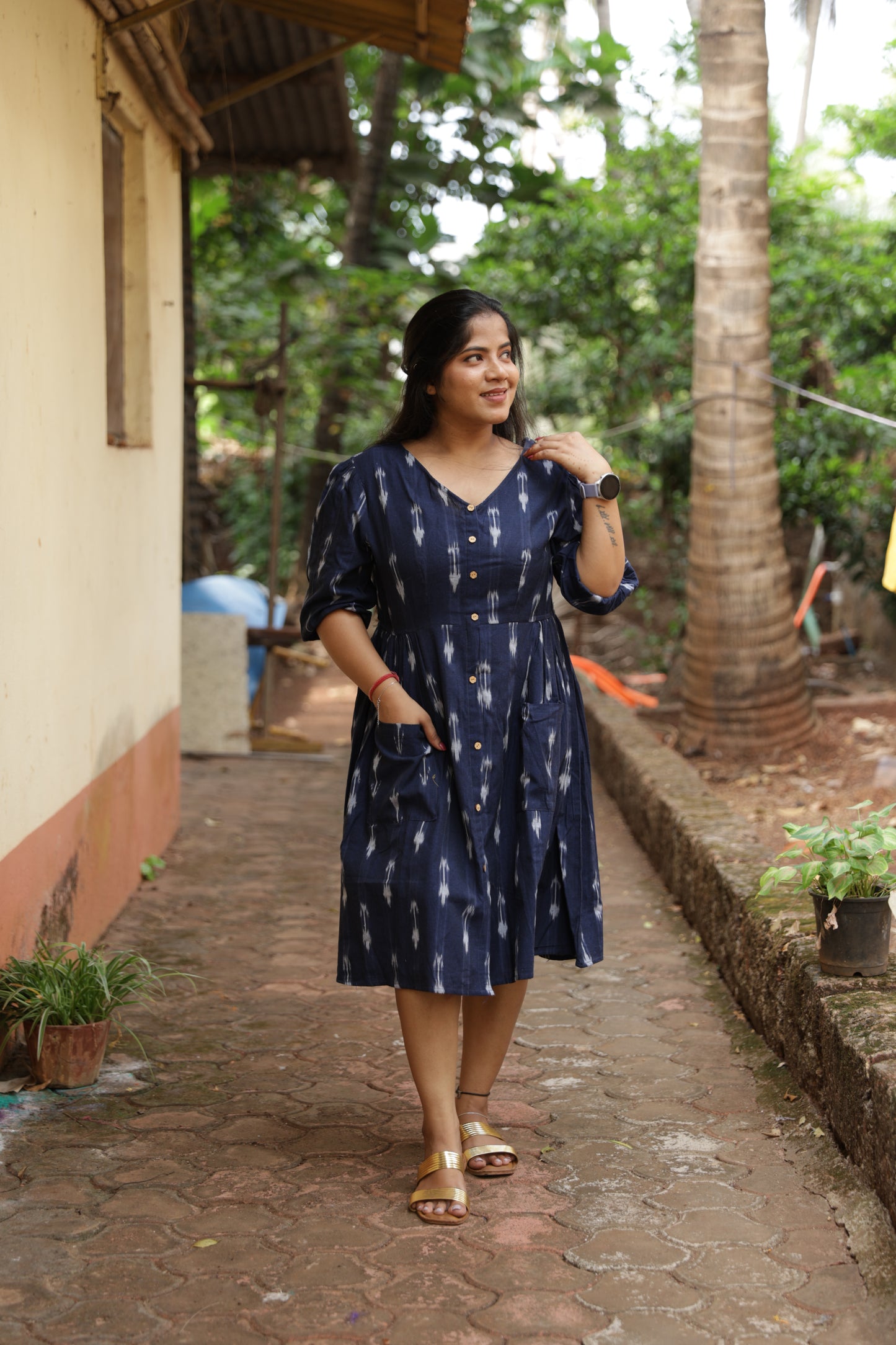 Navy Blue short Ikkat Dress