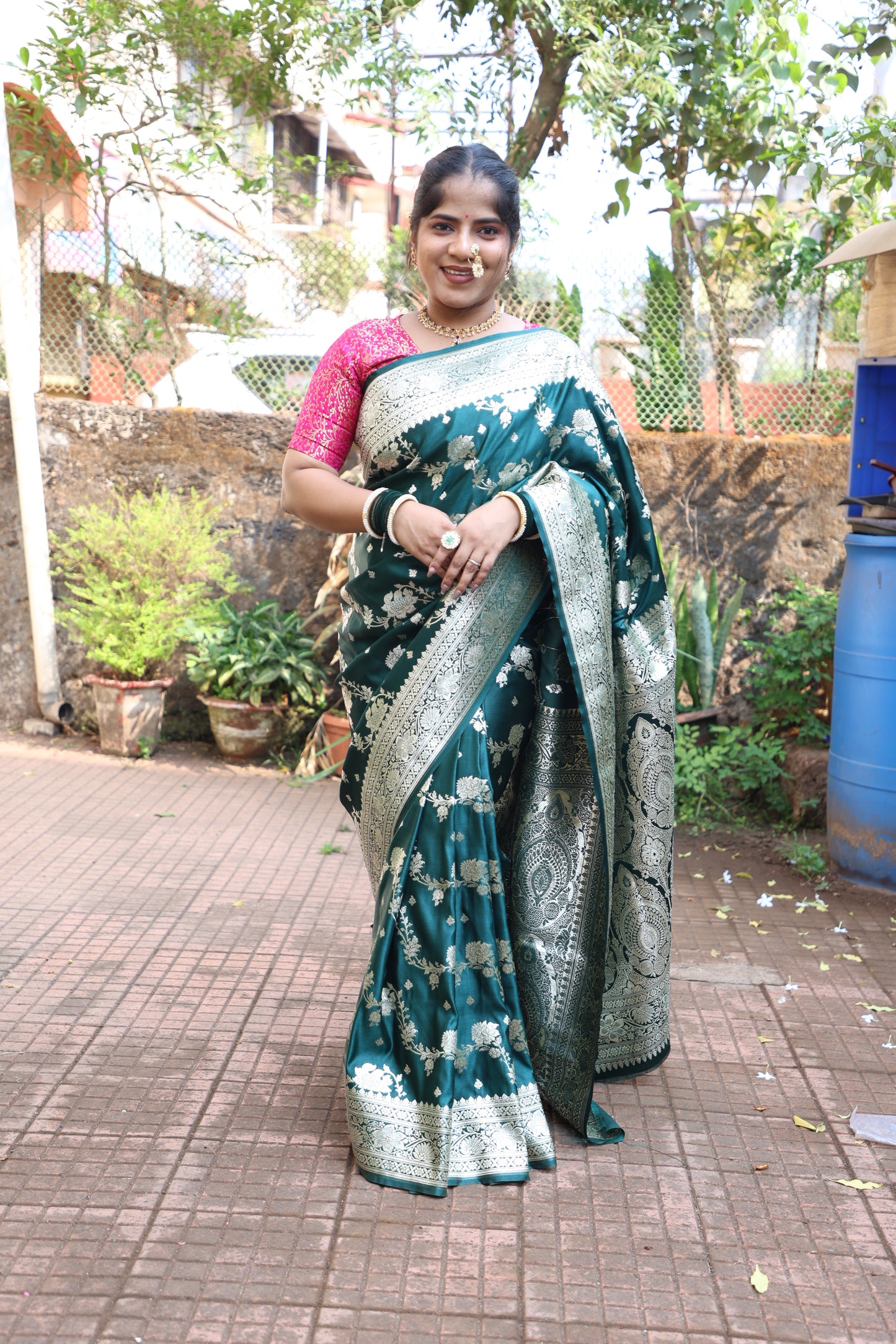 Bottle green Banarasi satin Saree