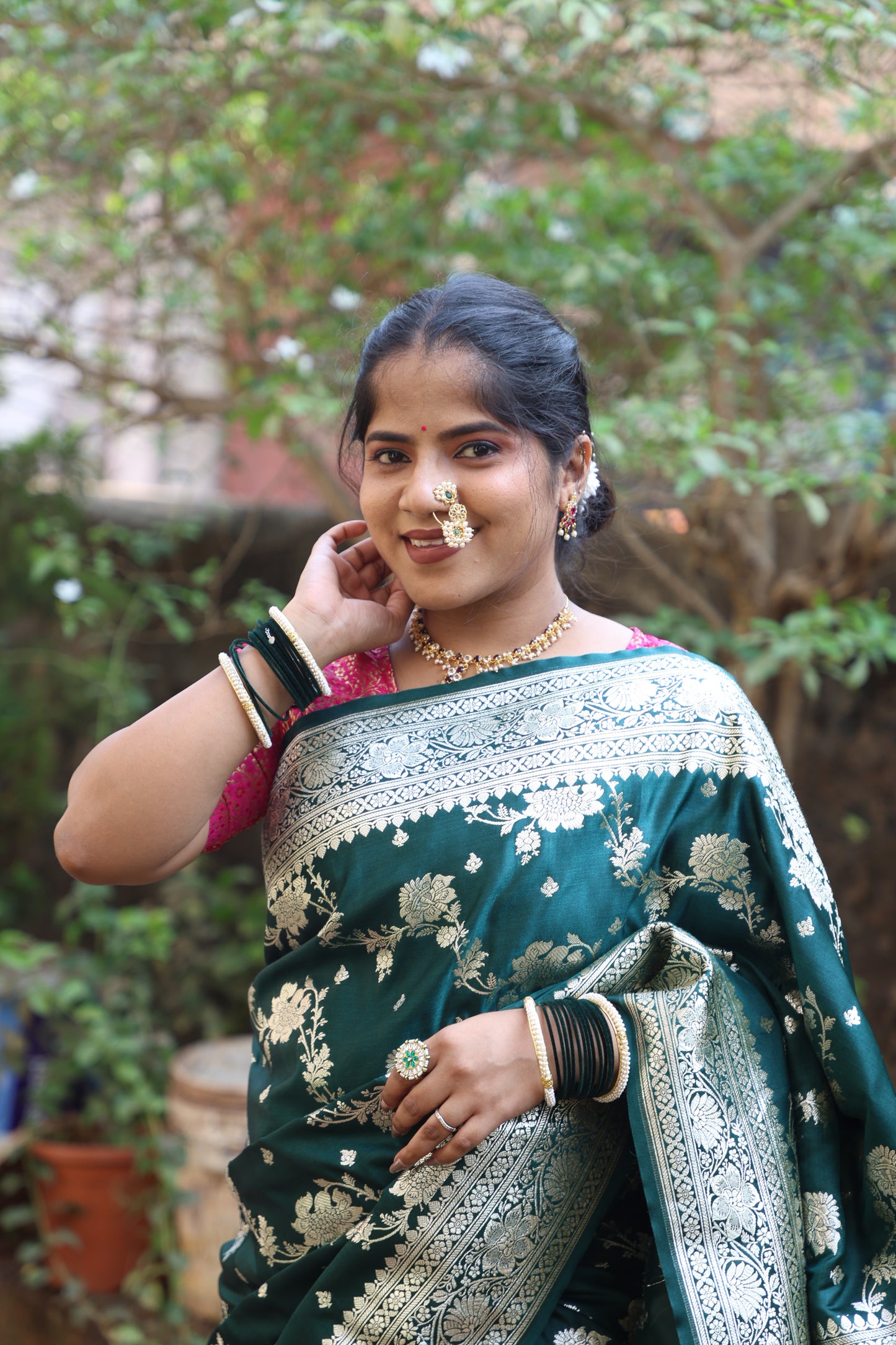 Bottle green Banarasi satin Saree