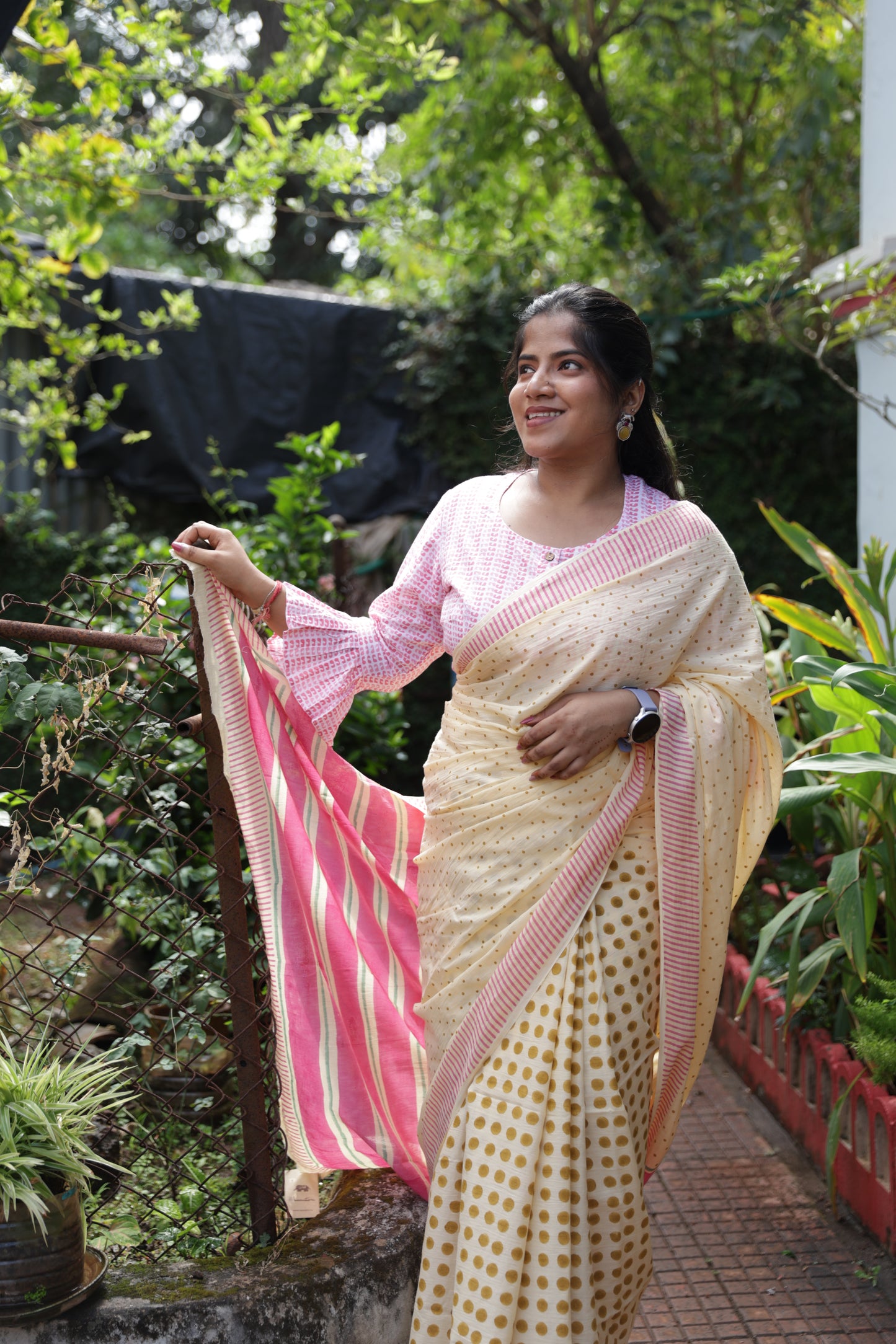Light Cream Block Printed Cotton Saree