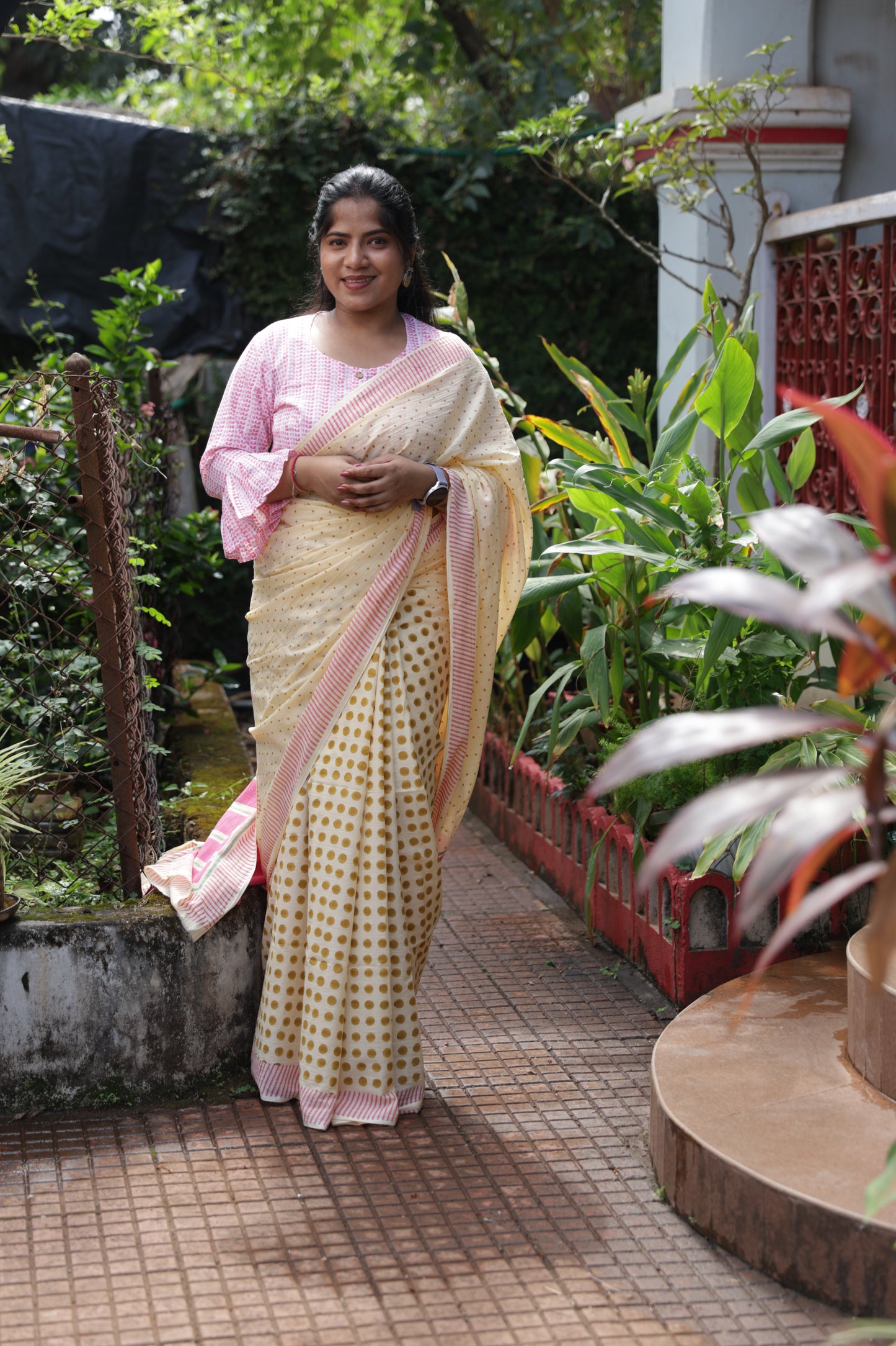 Light Cream Block Printed Cotton Saree