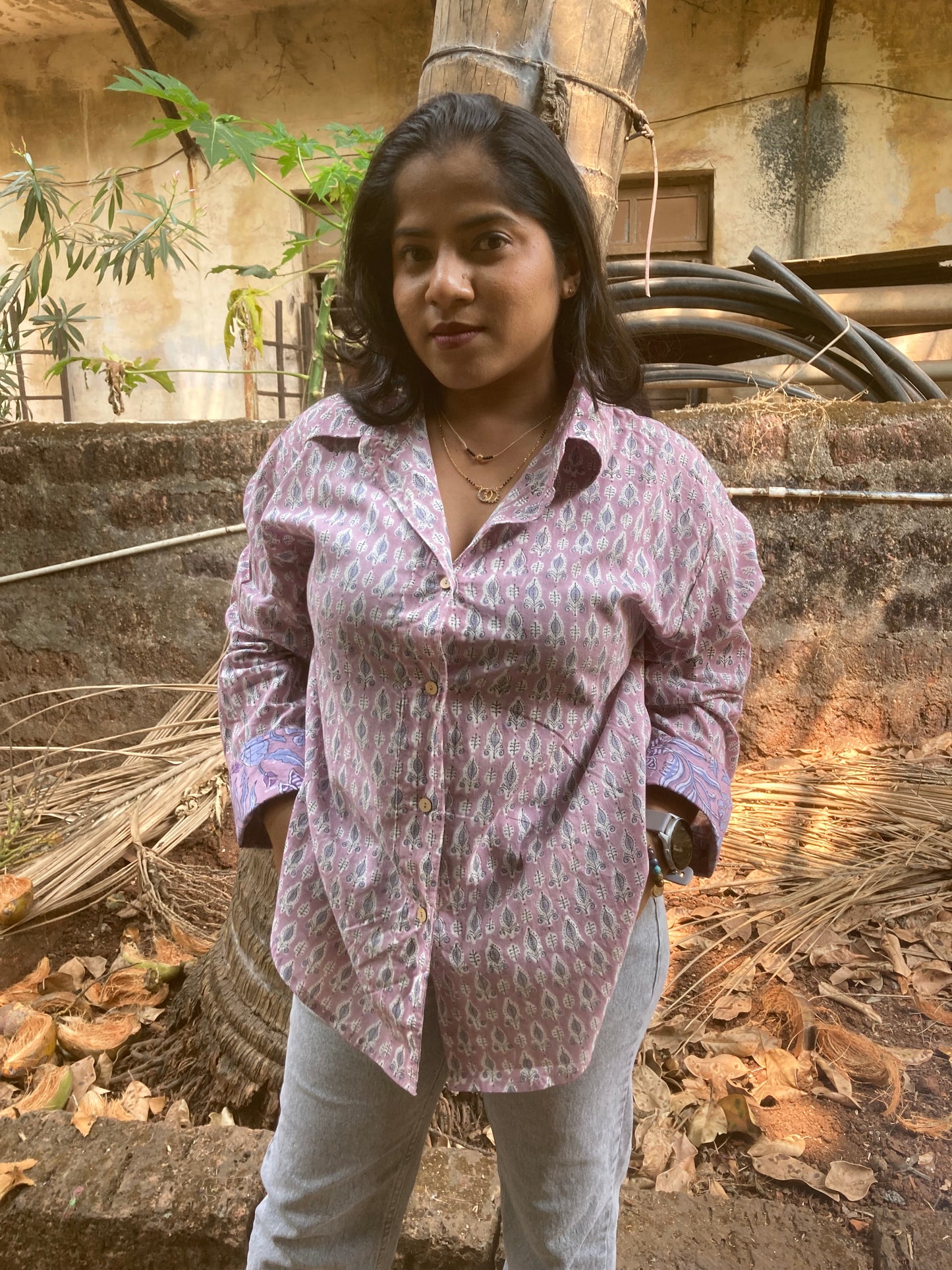 Lilac Block Printed Cotton Shirt