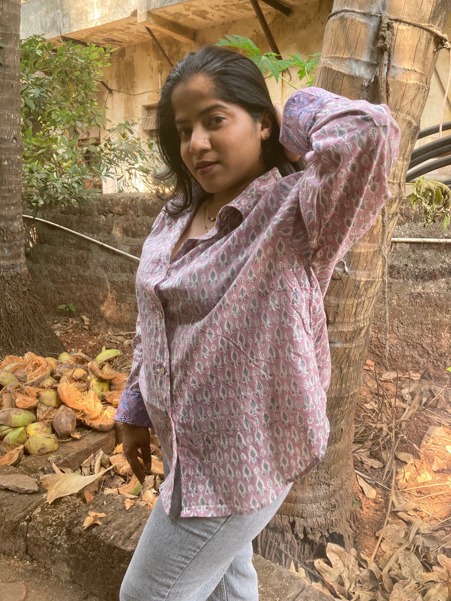 Lilac Block Printed Cotton Shirt