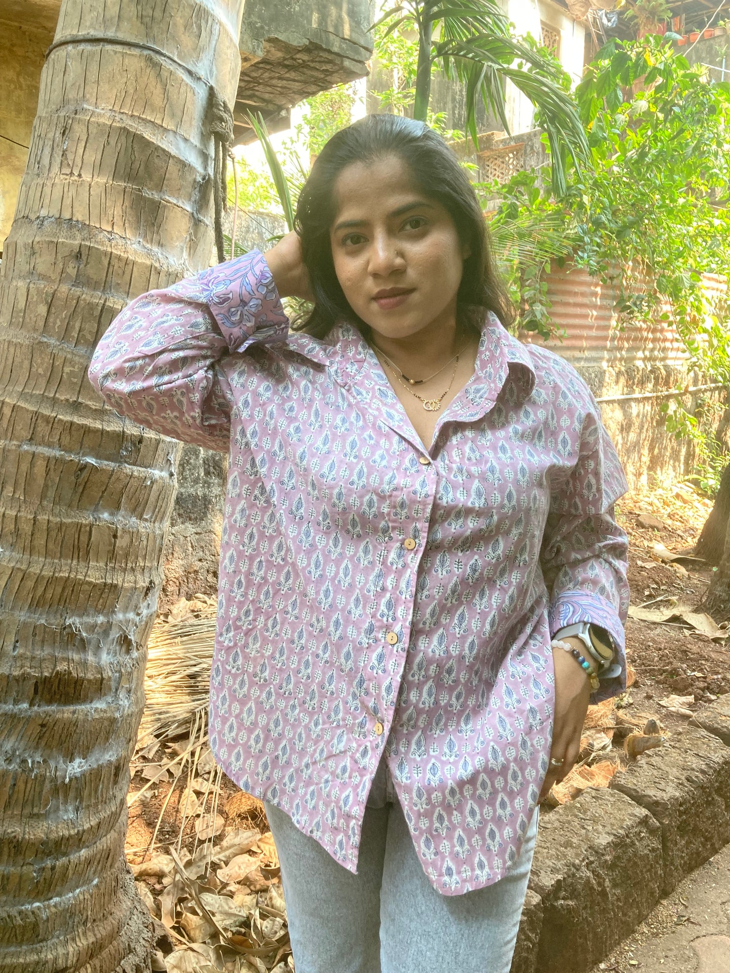 Lilac Block Printed Cotton Shirt
