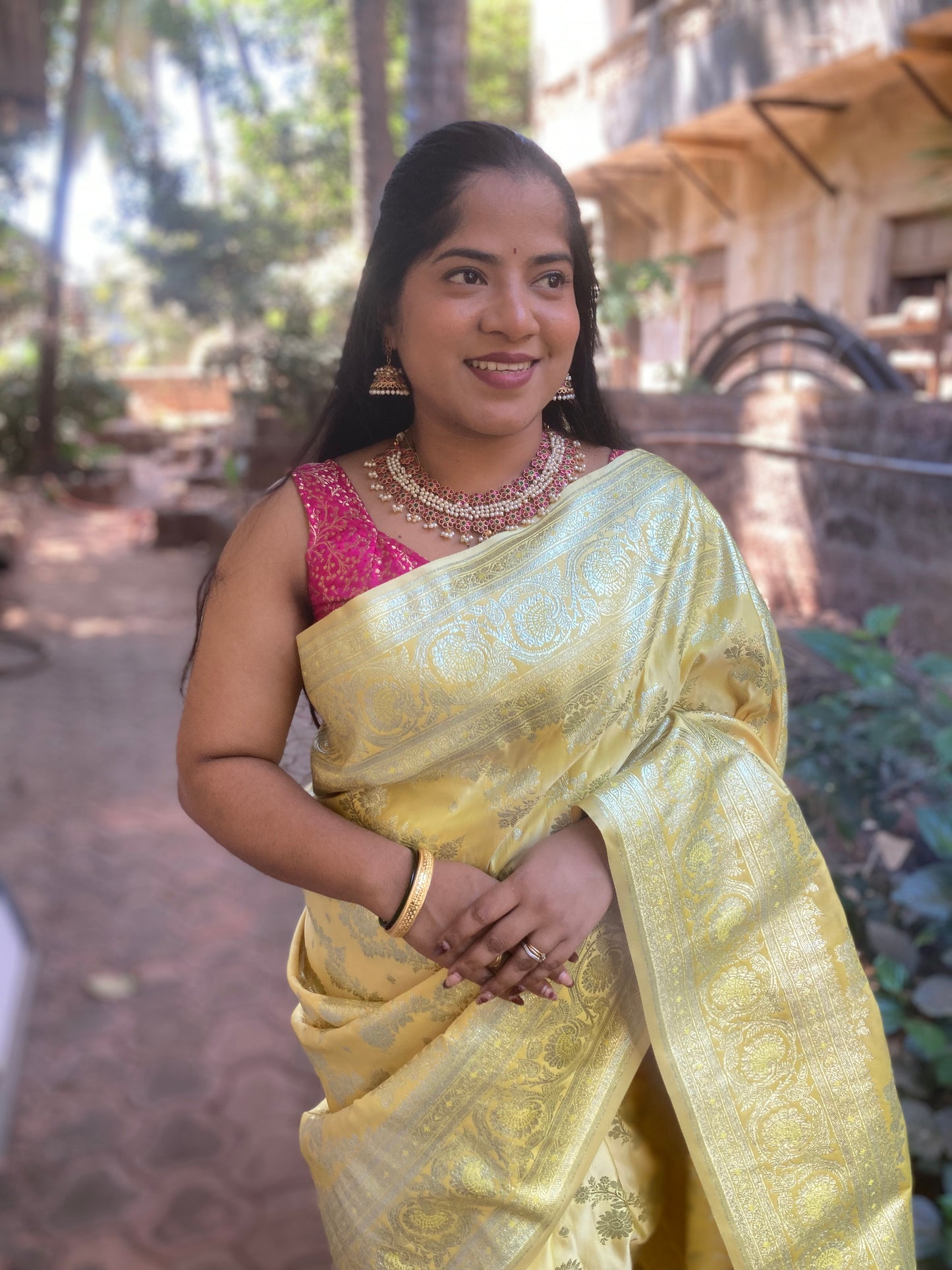 Canary Yellow Banarasi Satin Saree