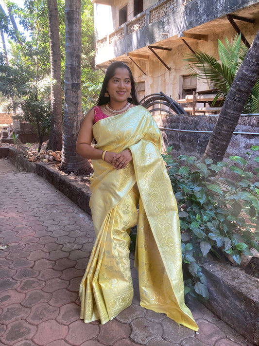 Canary Yellow Banarasi Satin Saree
