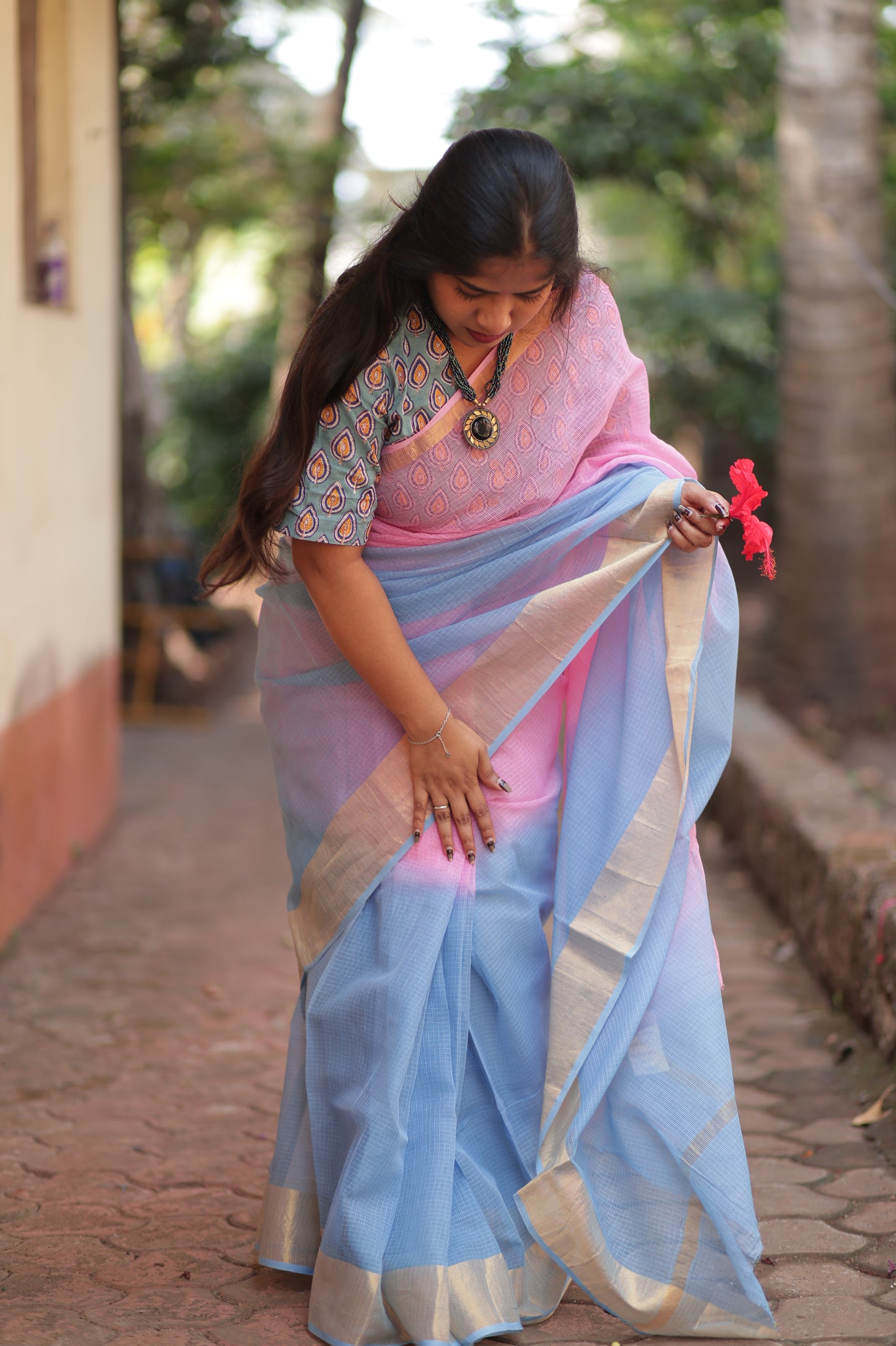 Sky Blue Ombre-Dyed Kota Doria Saree