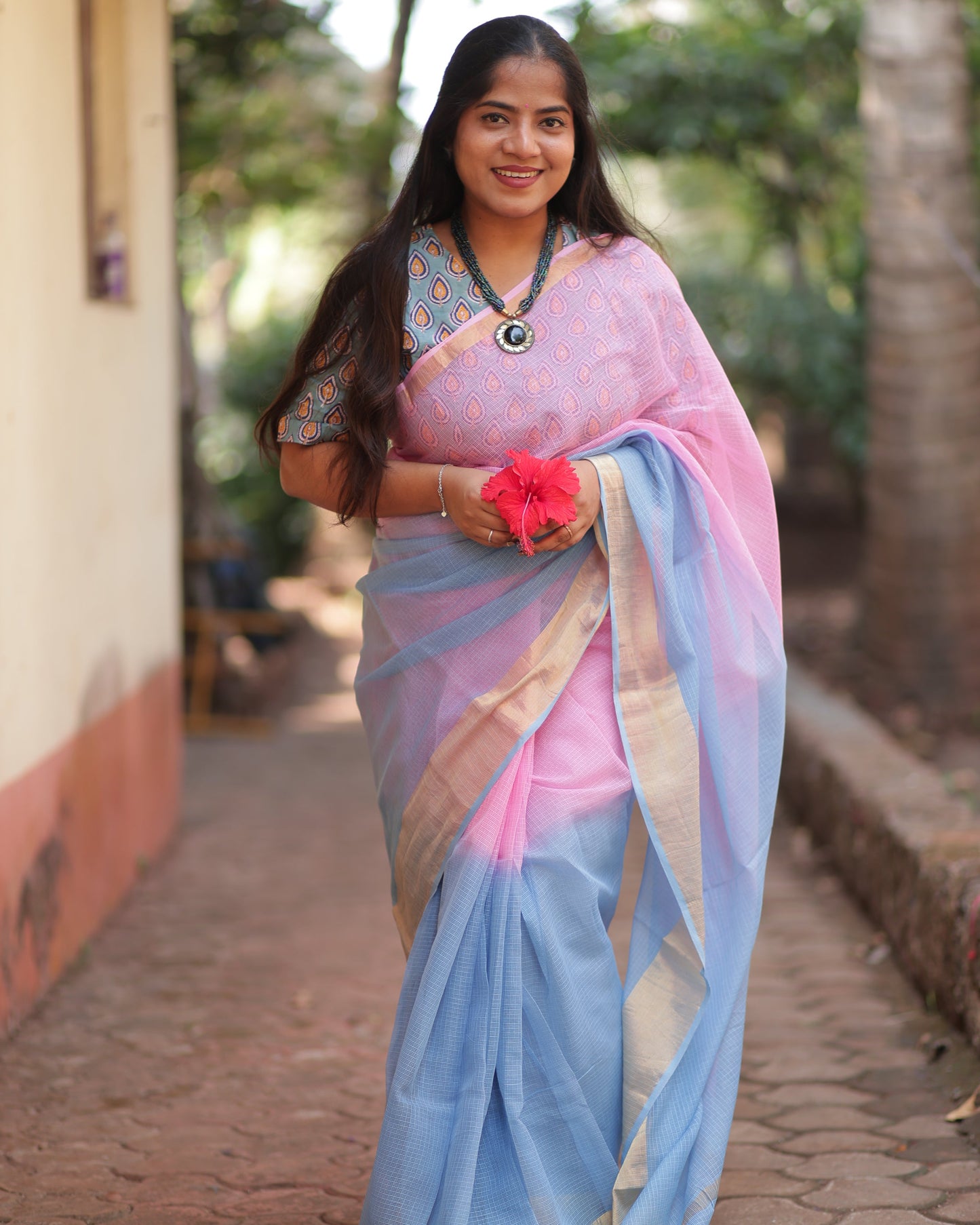 Sky Blue Ombre-Dyed Kota Doria Saree