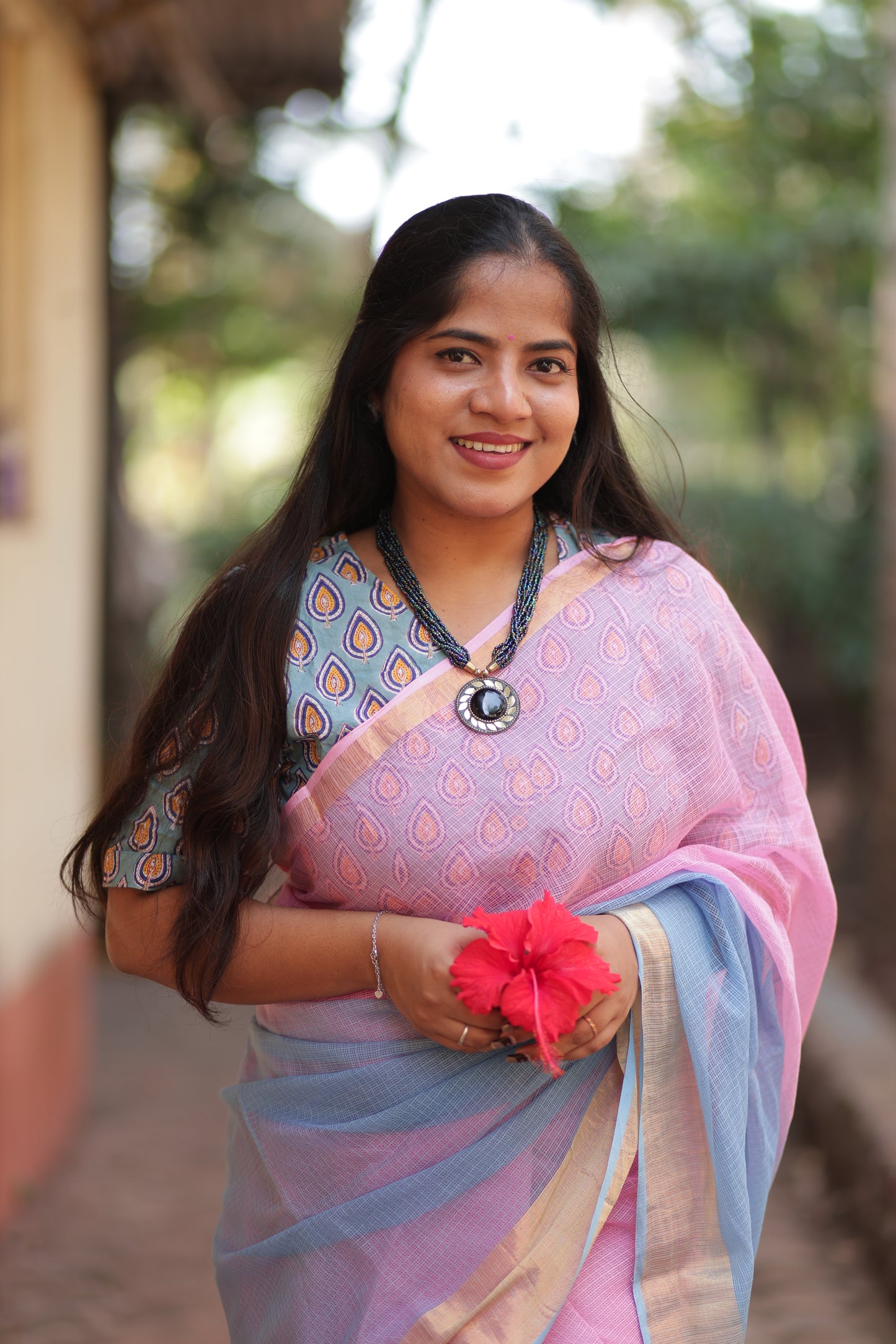 Sky Blue Ombre-Dyed Kota Doria Saree