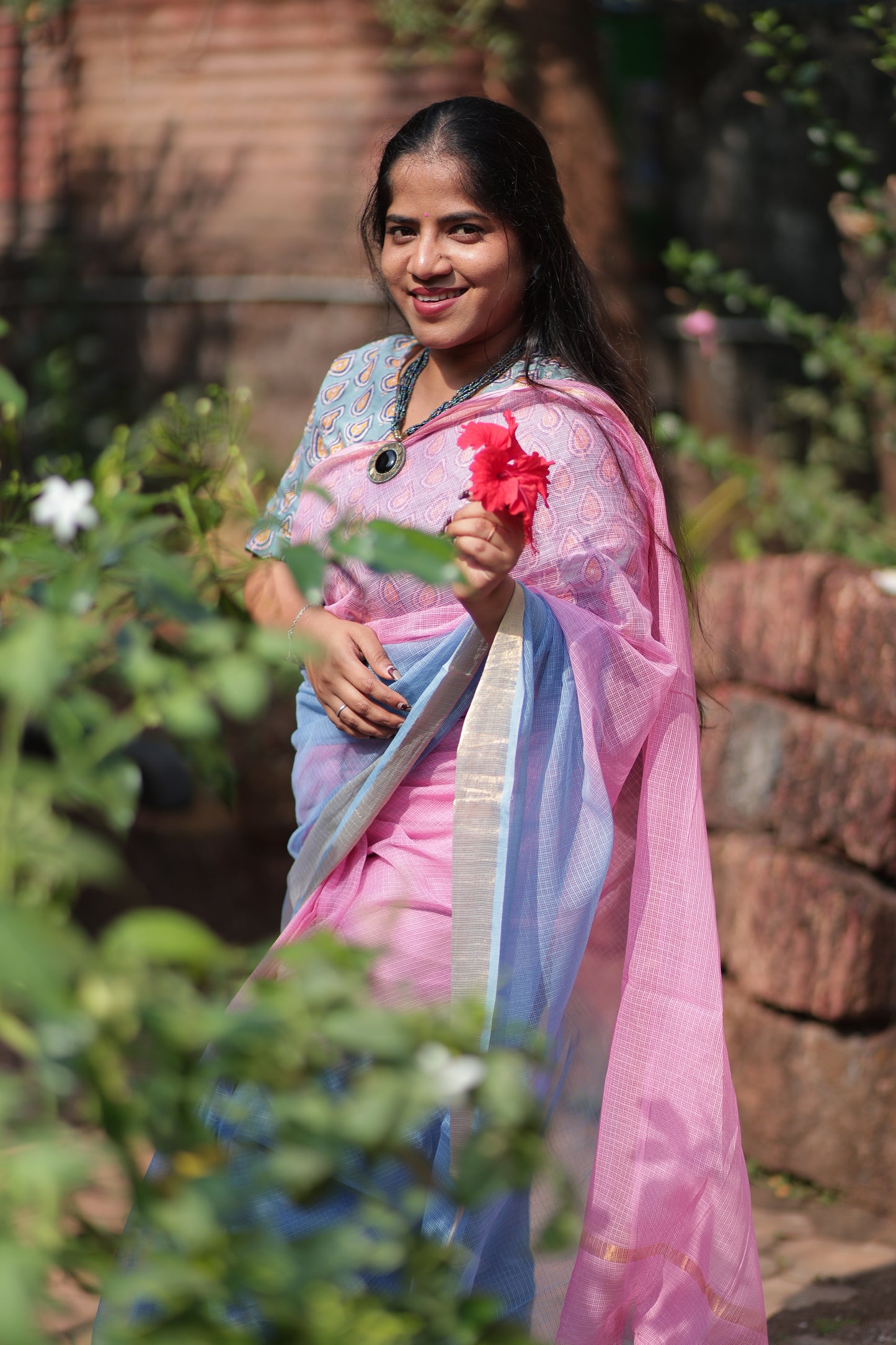 Sky Blue Ombre-Dyed Kota Doria Saree