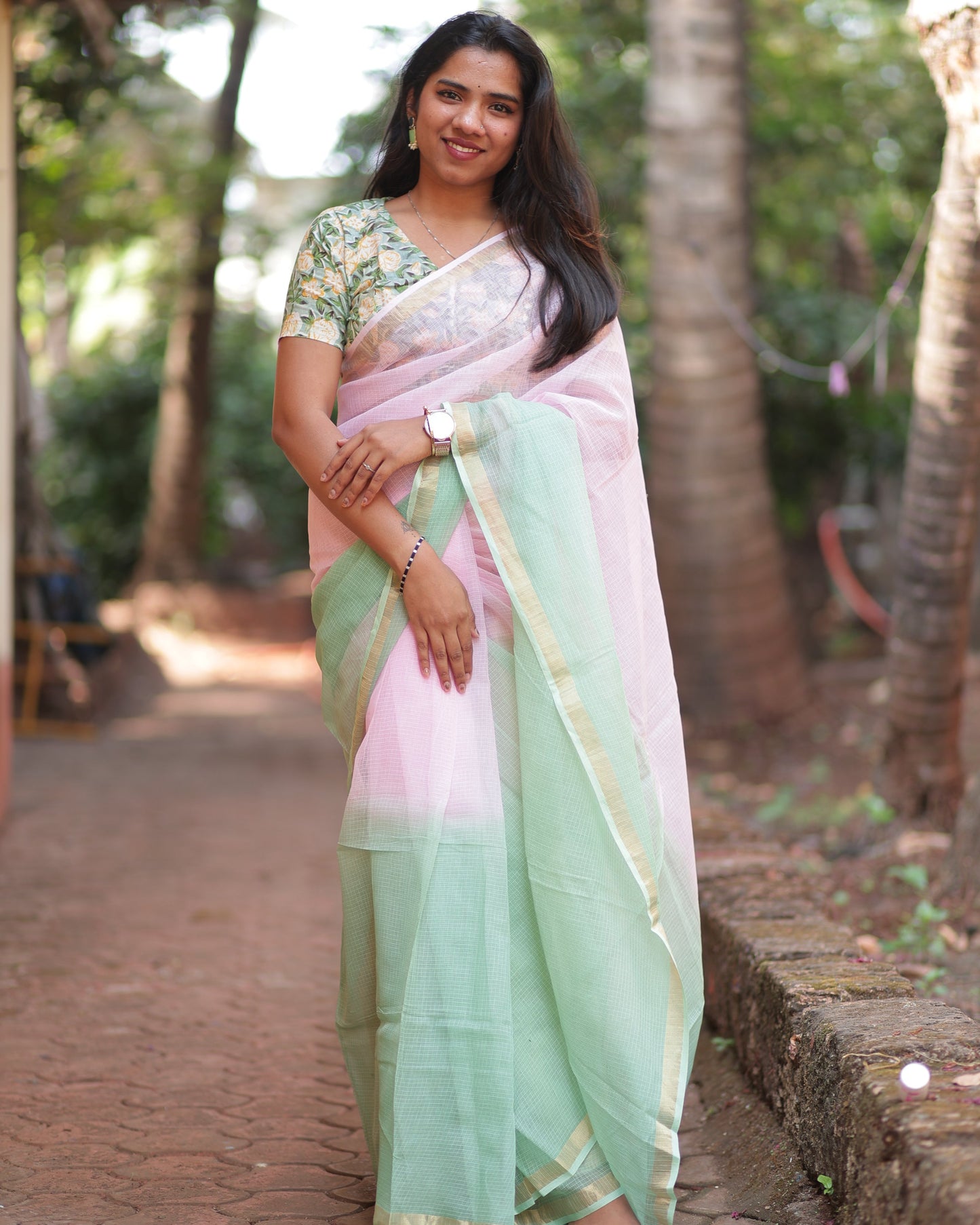 Baby Pink  Ombre-Dyed Kota Doria Saree