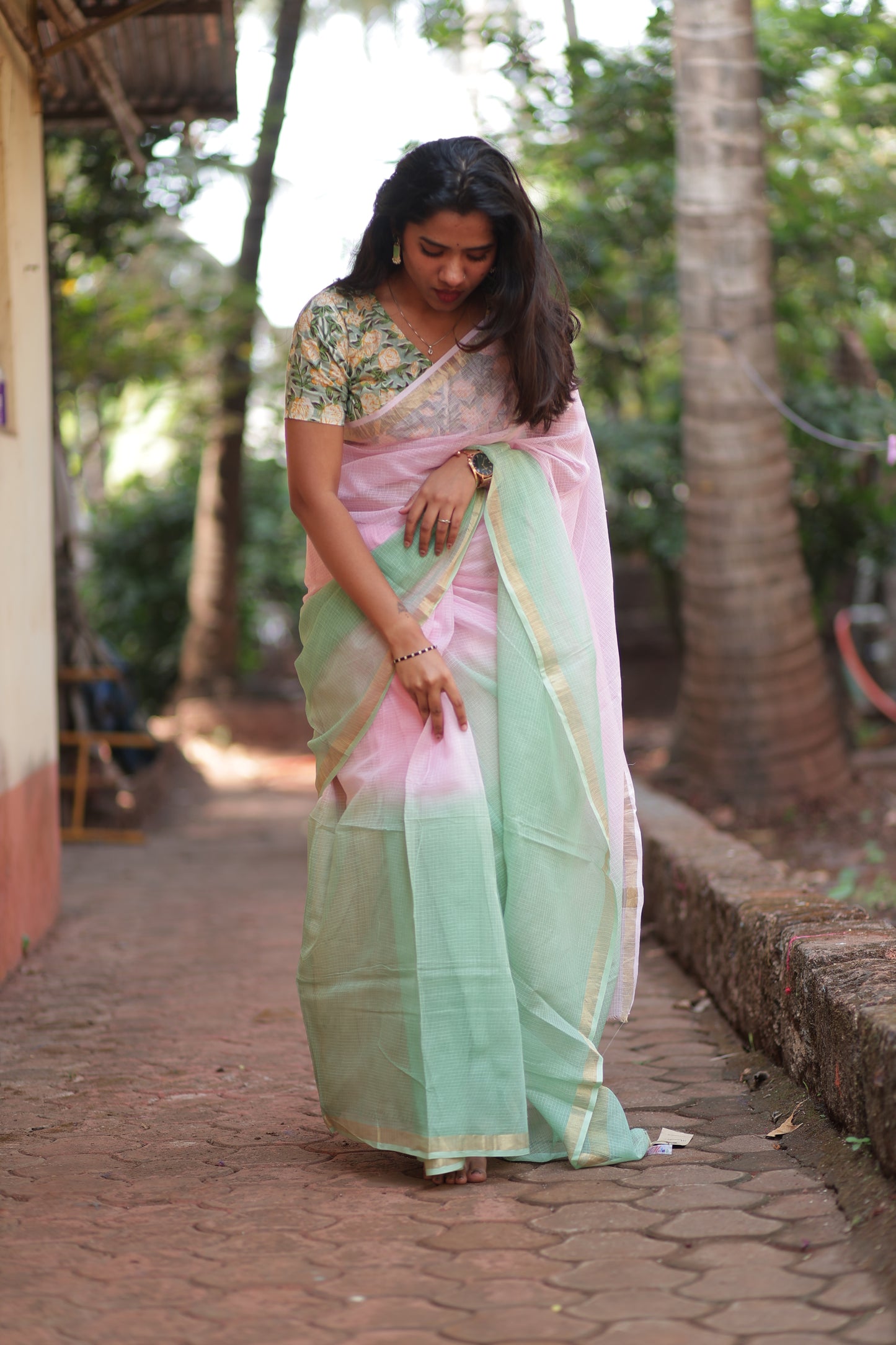 Baby Pink  Ombre-Dyed Kota Doria Saree