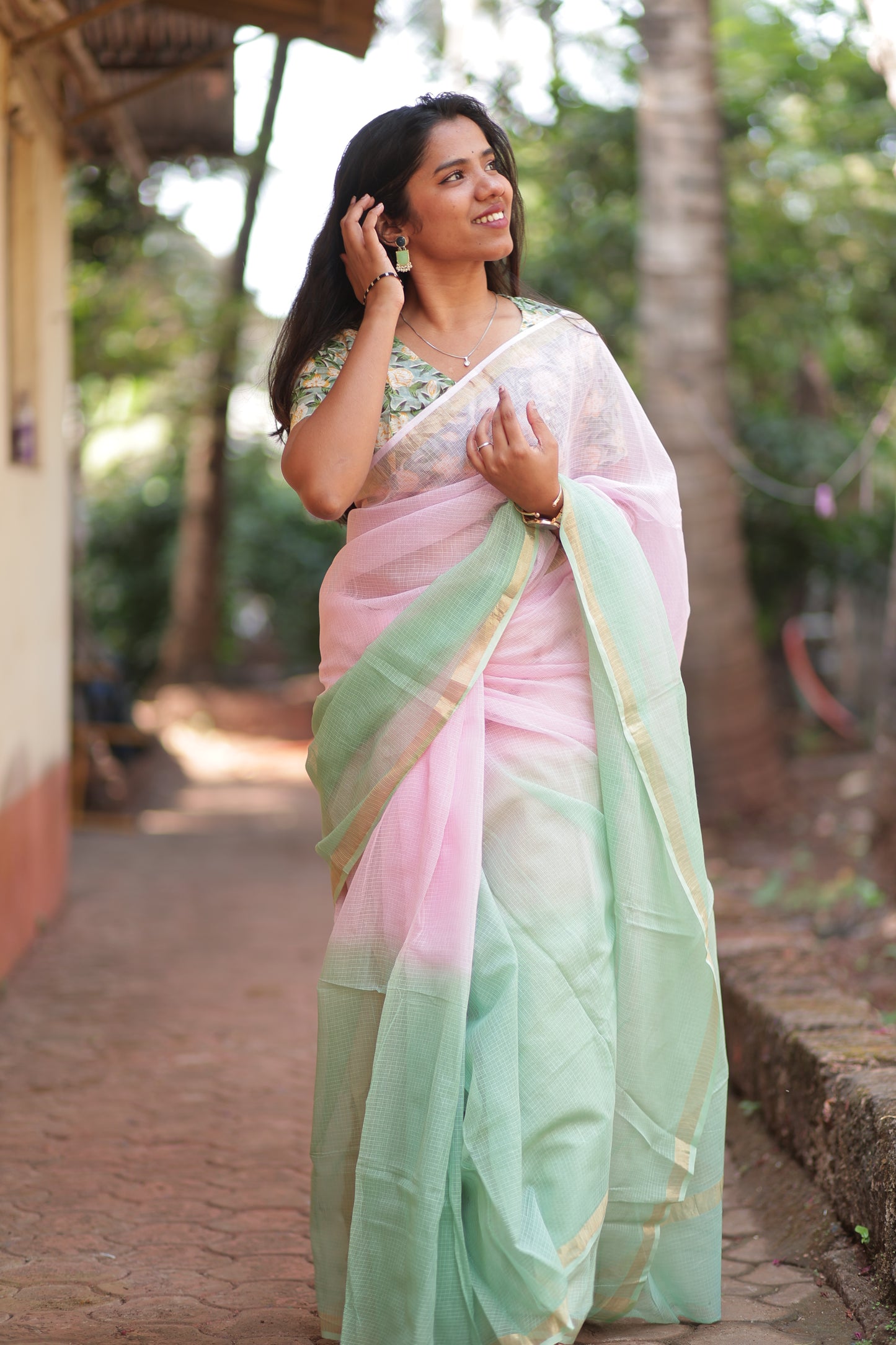 Baby Pink  Ombre-Dyed Kota Doria Saree