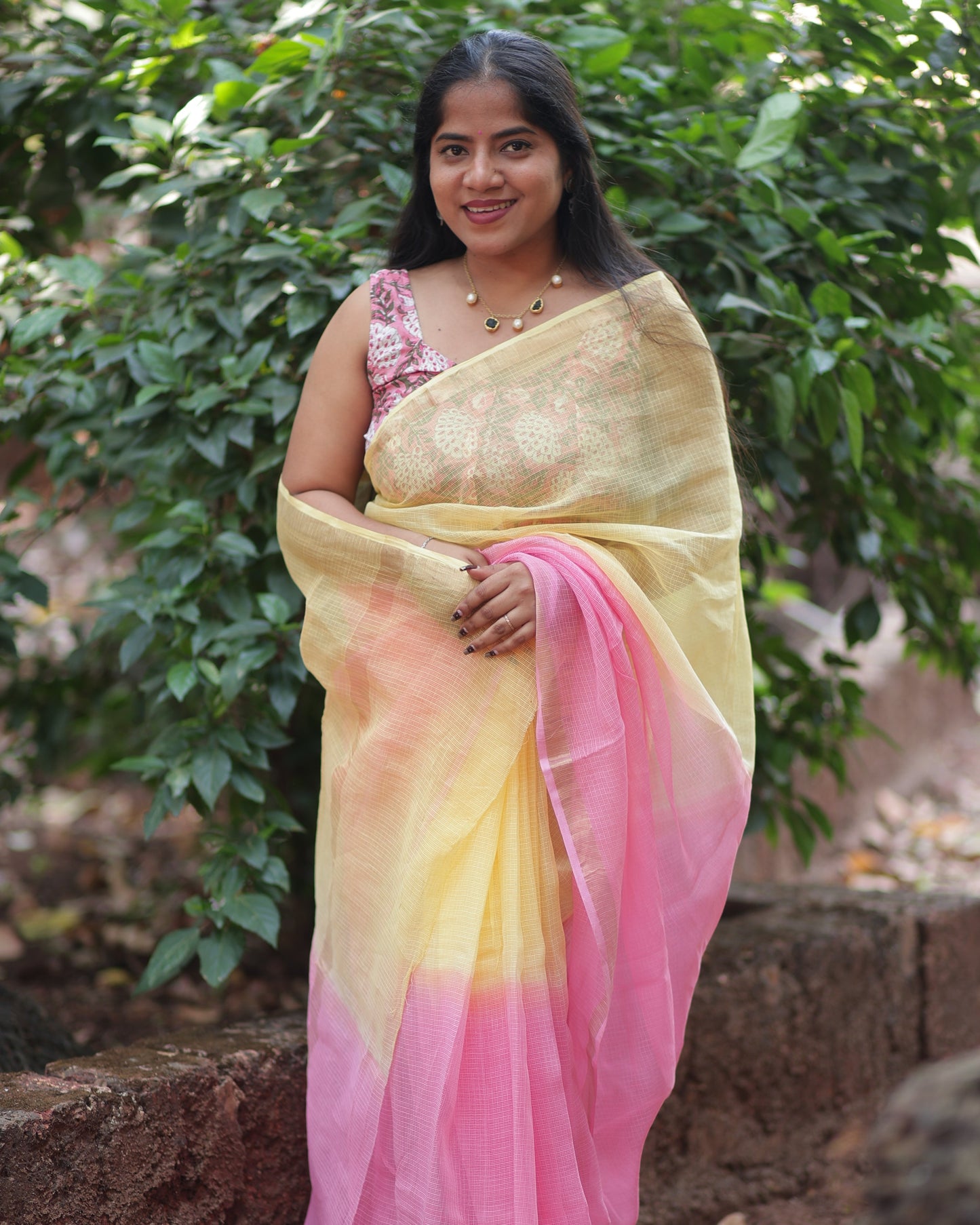 Pastel Red  Ombre-Dyed Kota Doria Saree