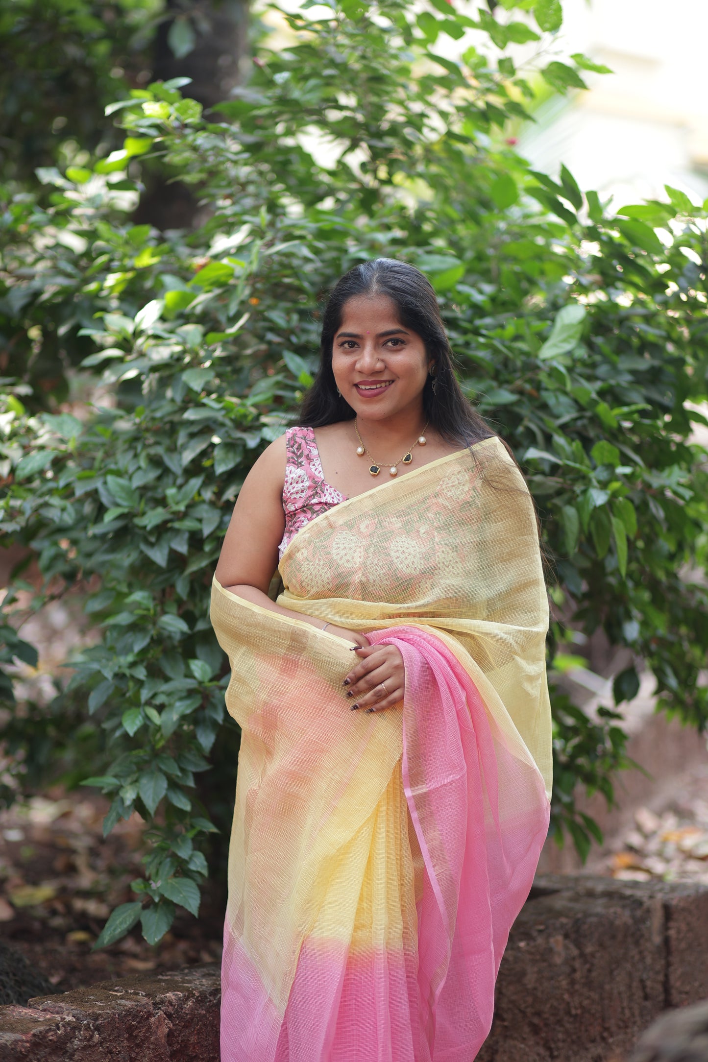 Pastel Red  Ombre-Dyed Kota Doria Saree
