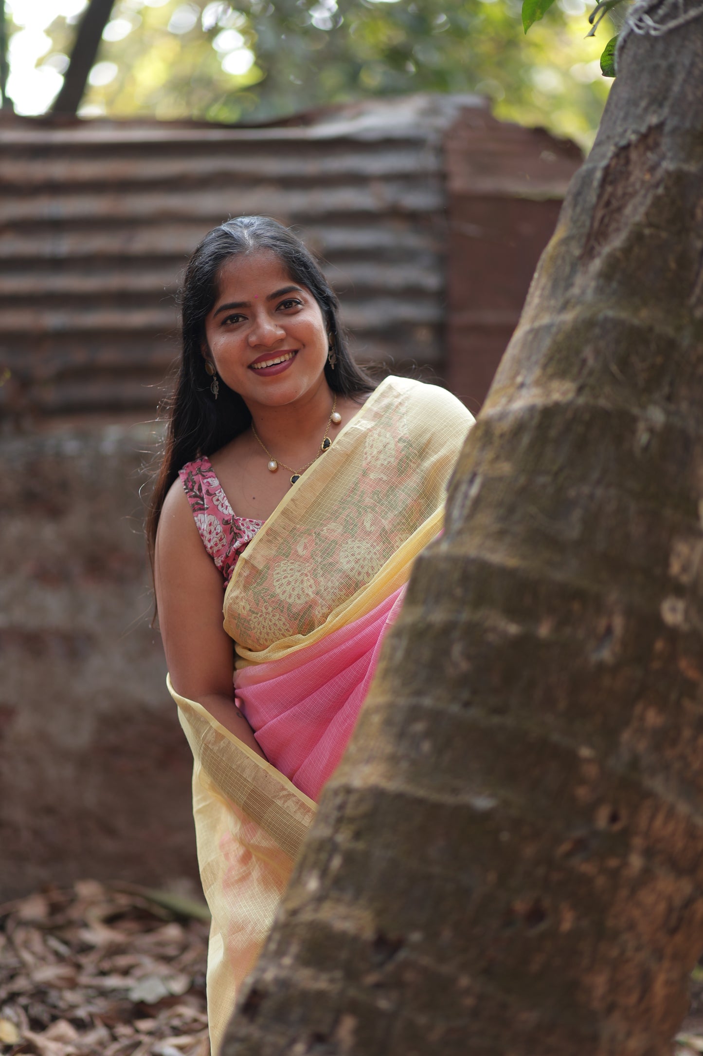 Pastel Red  Ombre-Dyed Kota Doria Saree