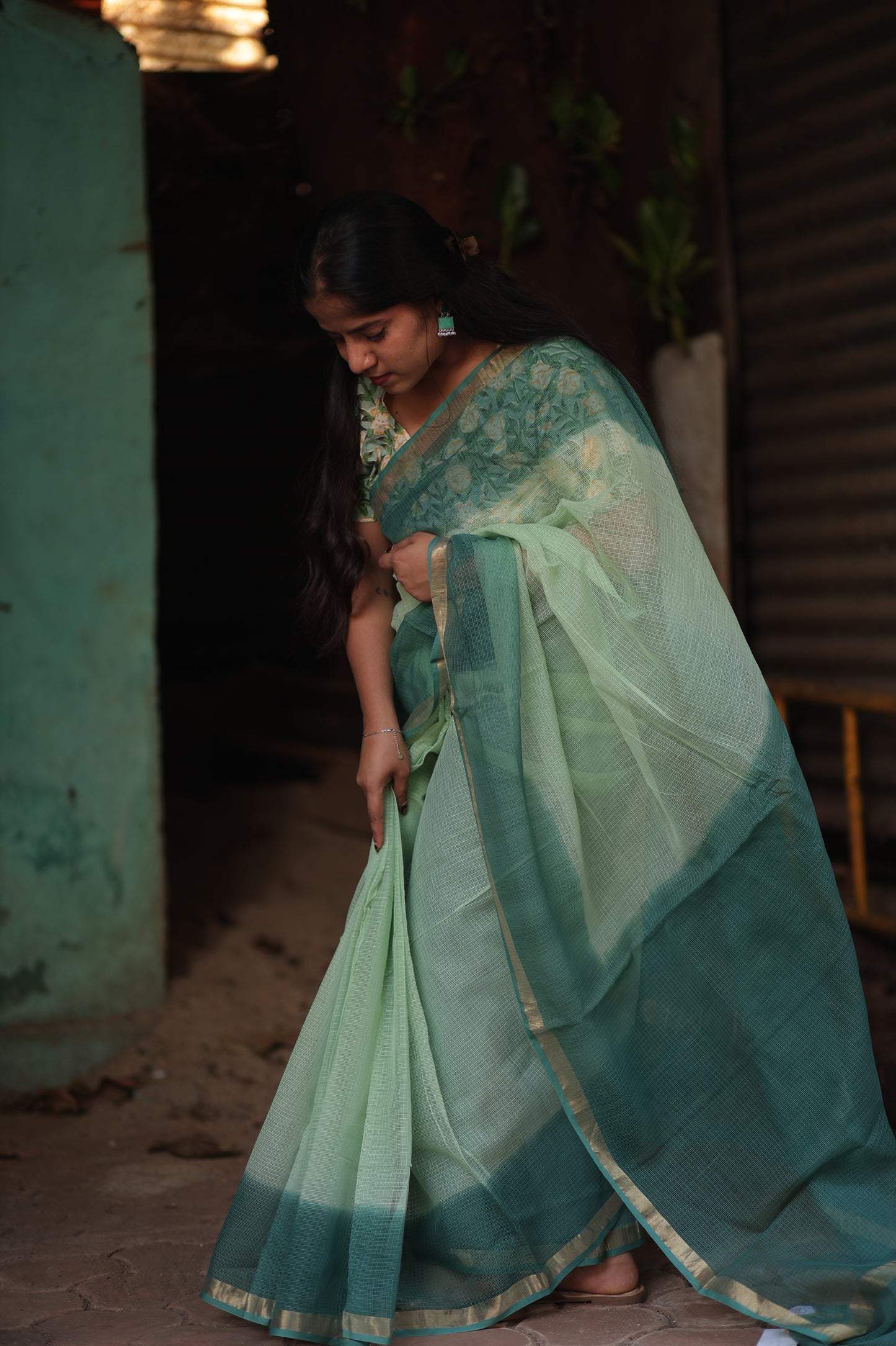 Mint Ombre-Dyed Kota Doria Saree