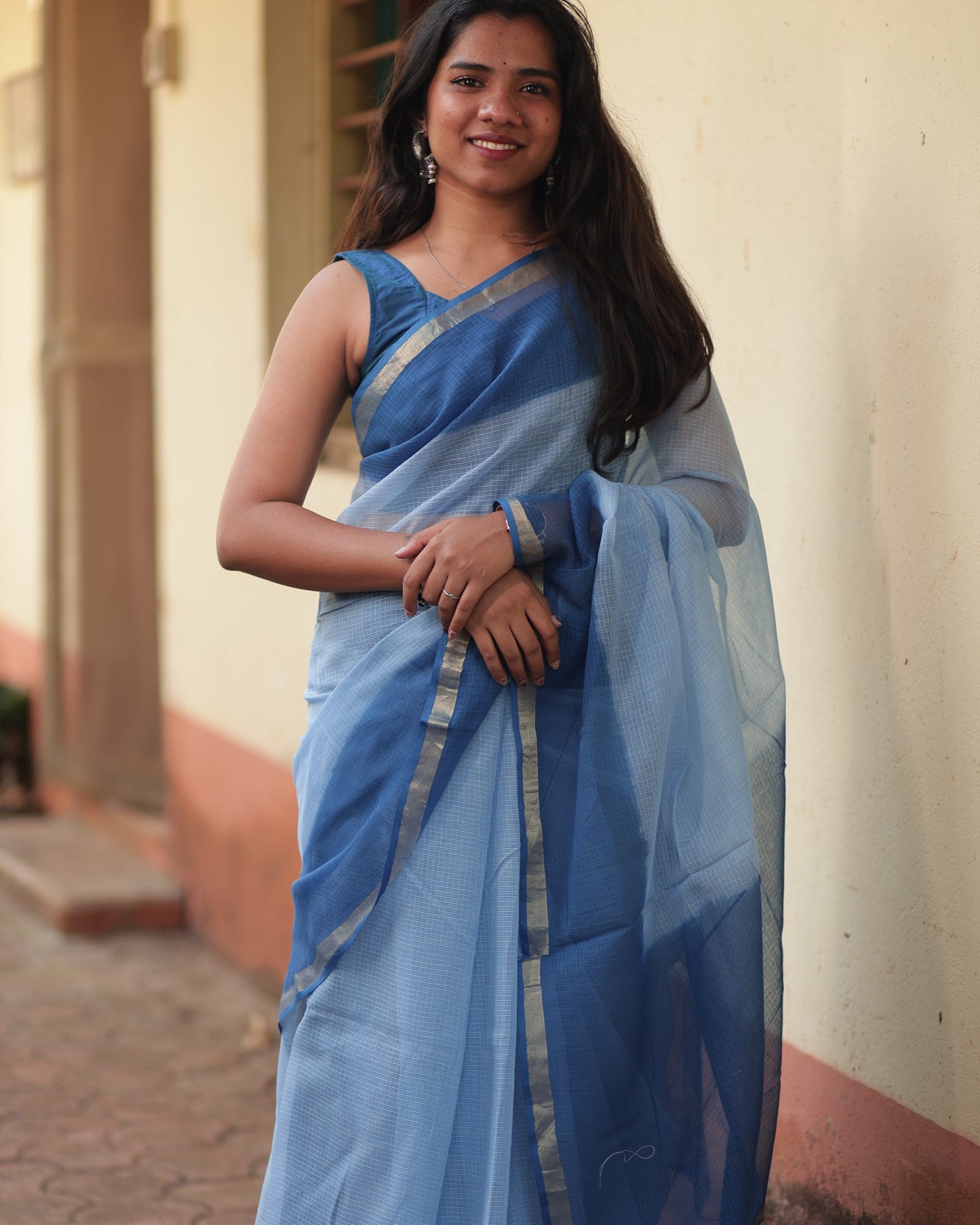 Sky Blue Ombre-Dyed Kota Doria Saree