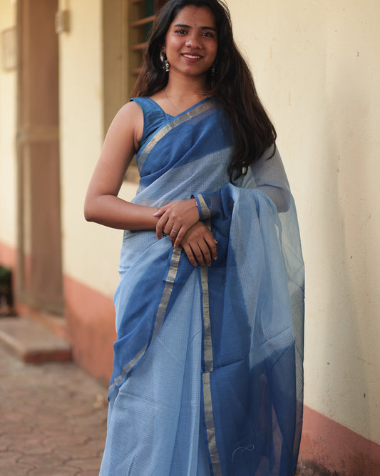 Sky Blue Ombre-Dyed Kota Doria Saree