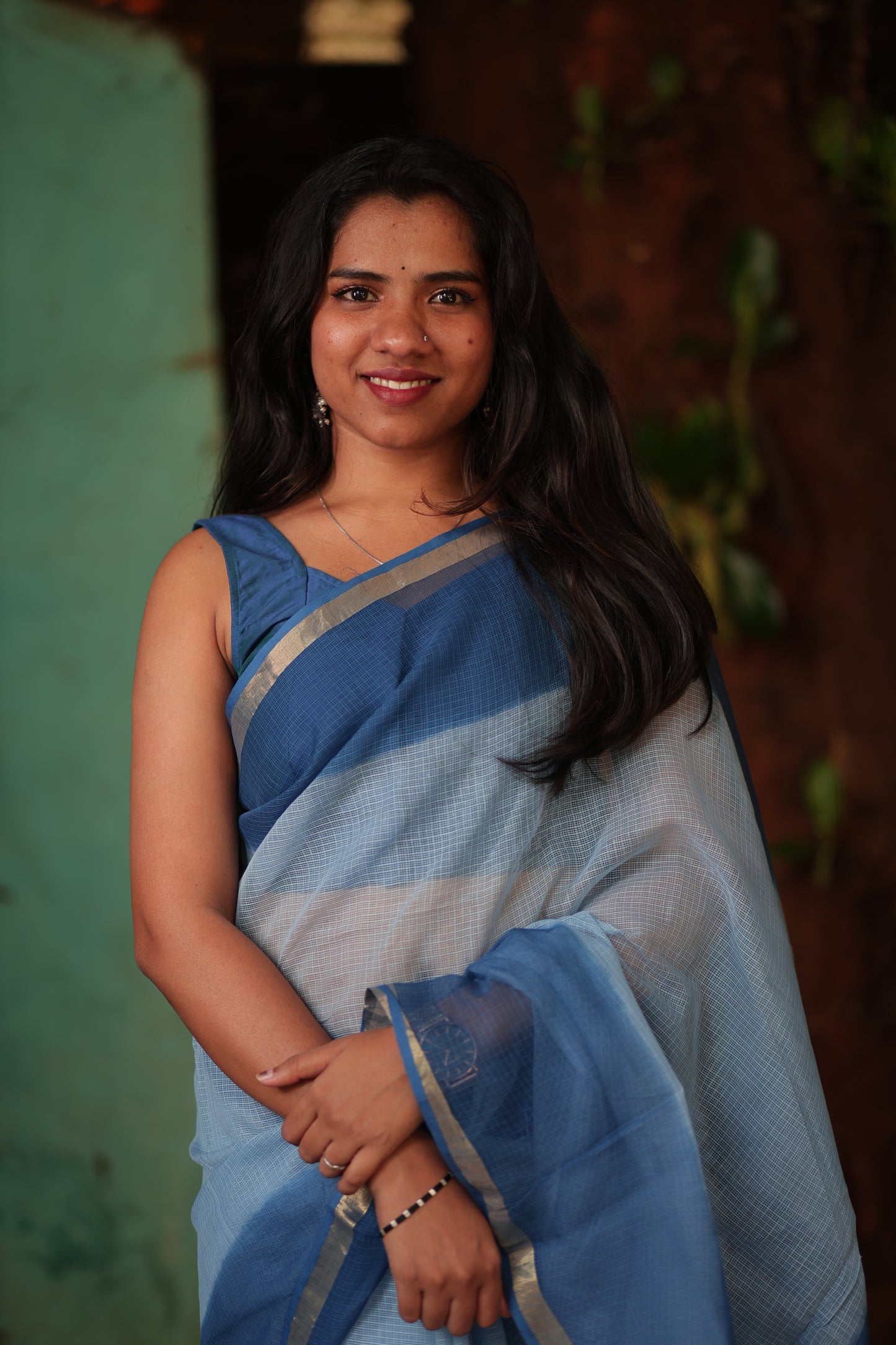 Sky Blue Ombre-Dyed Kota Doria Saree