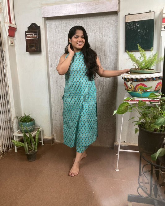 Green Block Printed Cotton Co-Ord Set