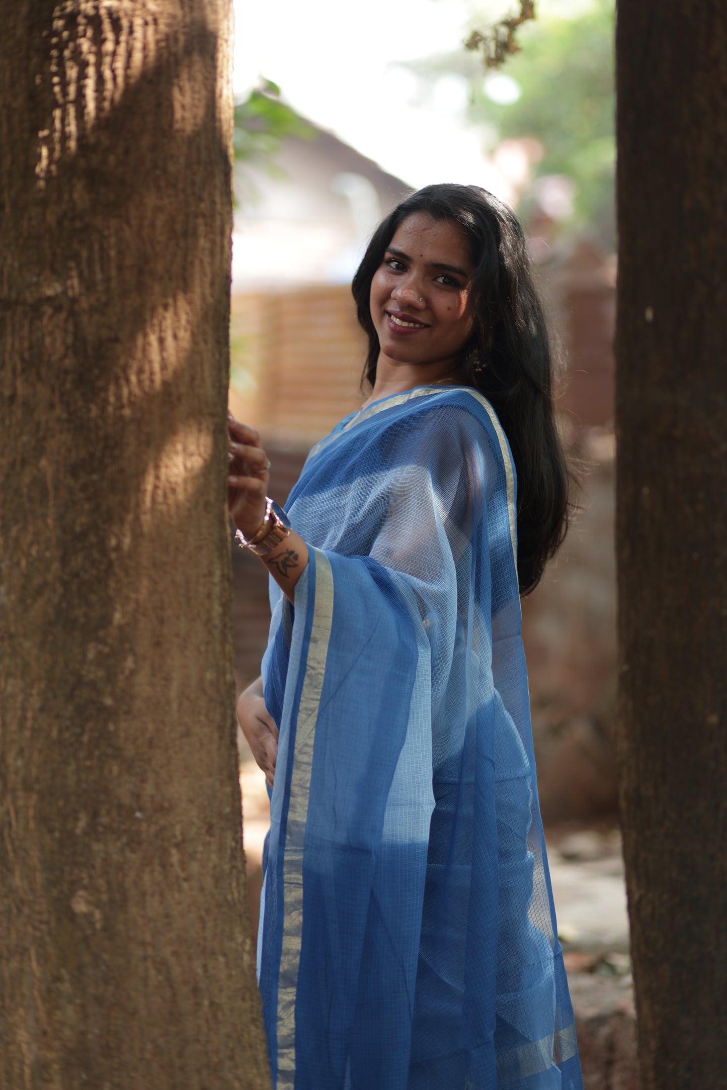 Sky Blue Ombre-Dyed Kota Doria Saree