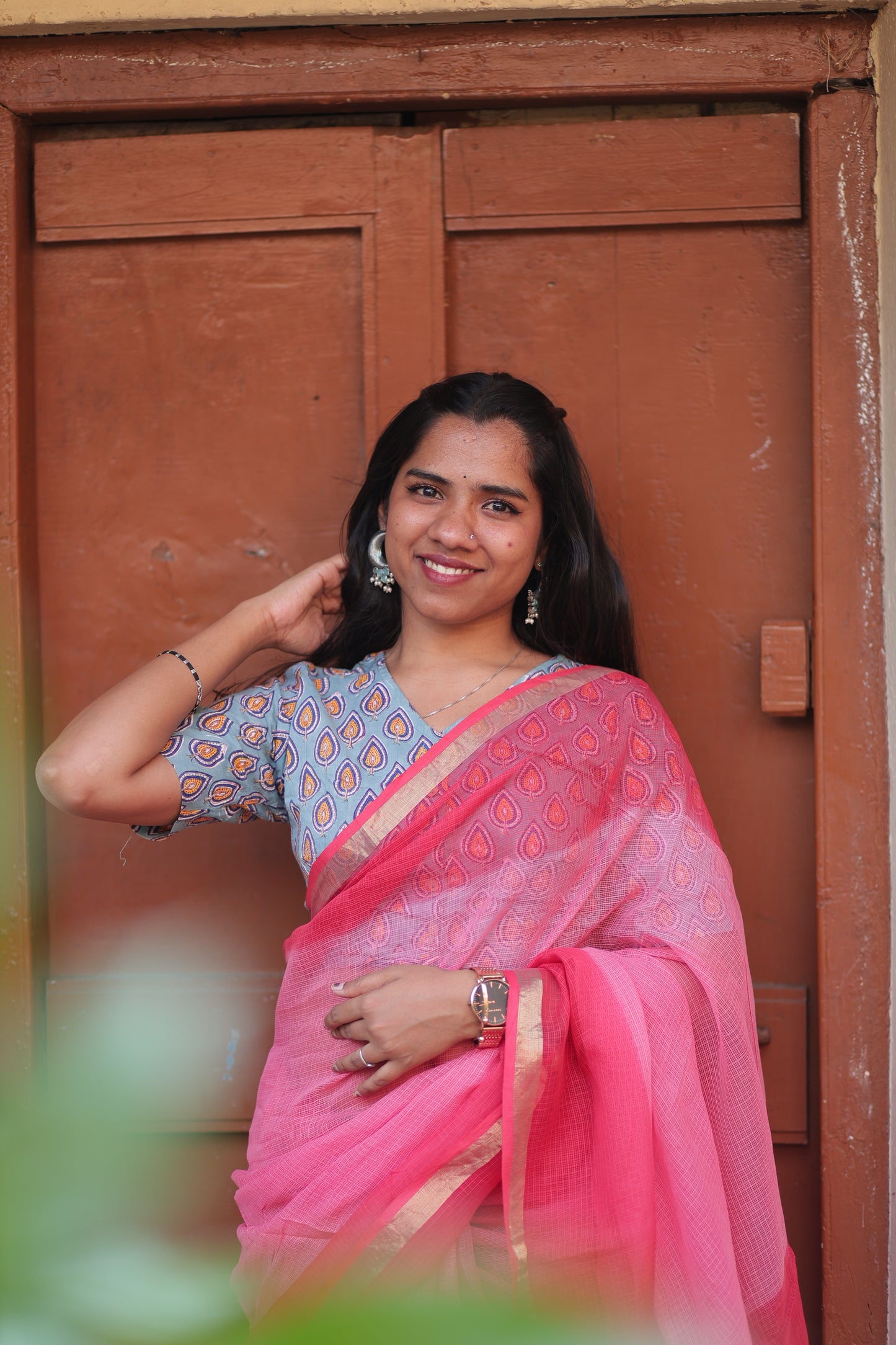 Cherry Ombre-Dyed Kota Doria Saree