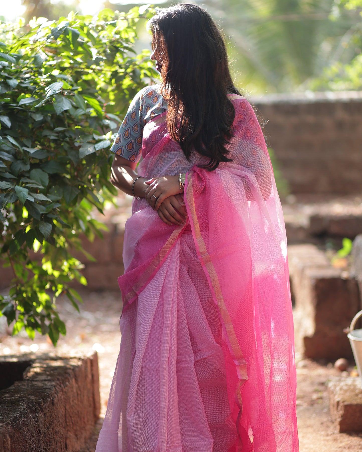 Baby Pink Ombre-Kota Doria Saree