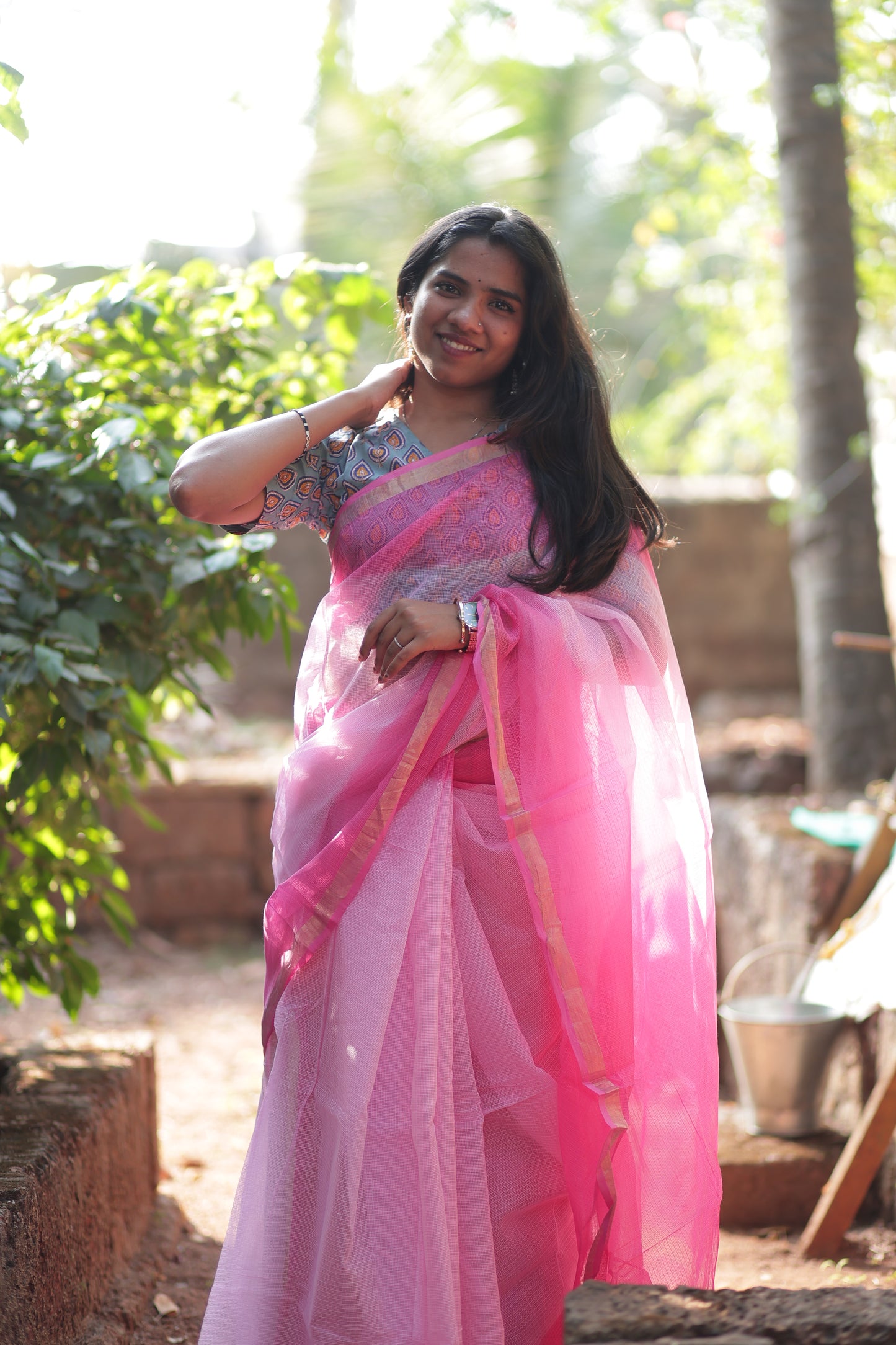 Baby Pink Ombre-Kota Doria Saree