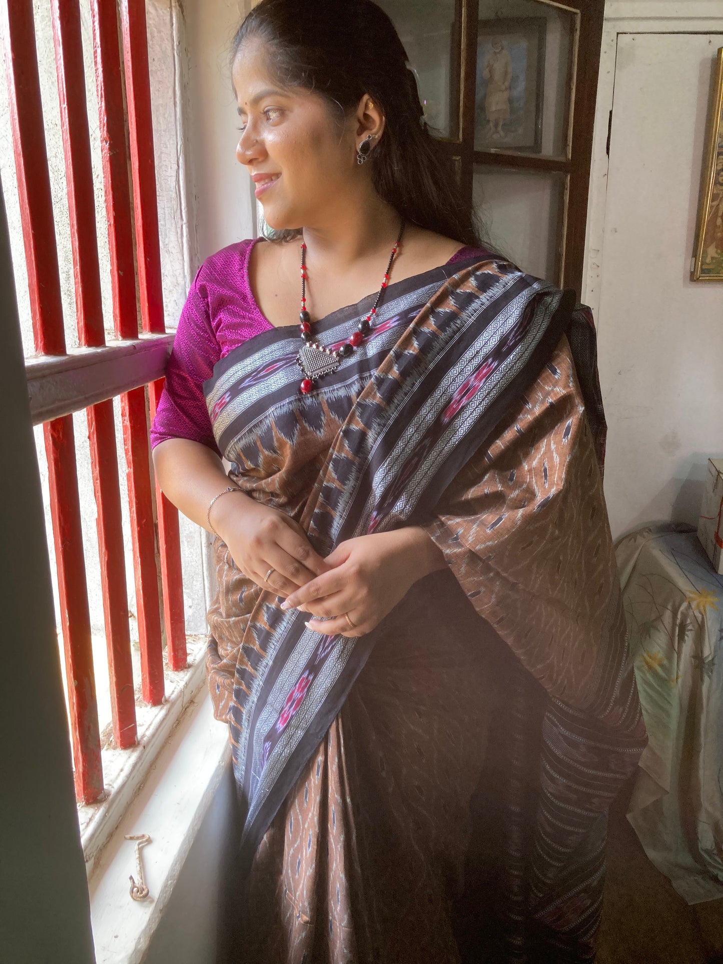 Chocolate brown Sambalpuri Ikkat saree