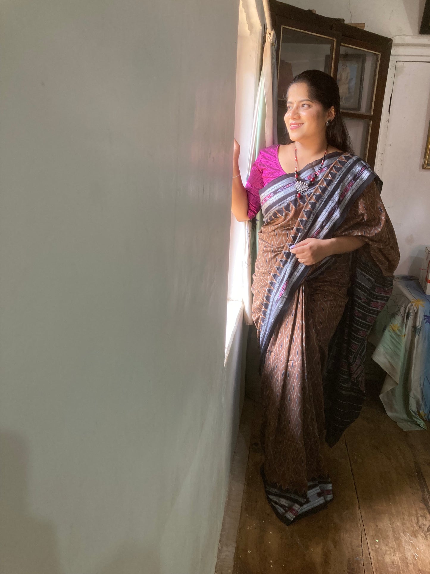 Chocolate brown Sambalpuri Ikkat saree