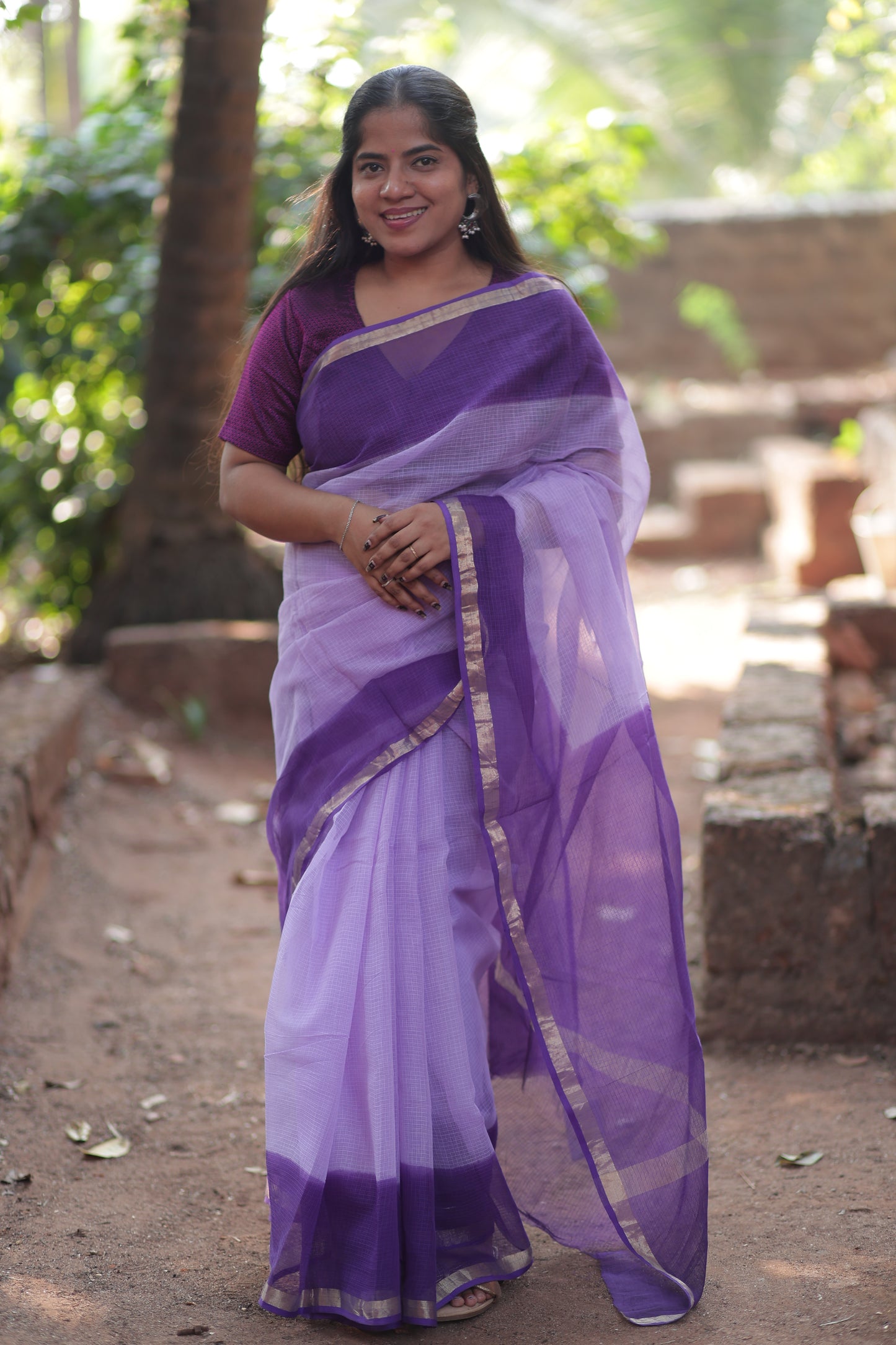 French Lilac Ombre-Dyed Kota Doria Saree