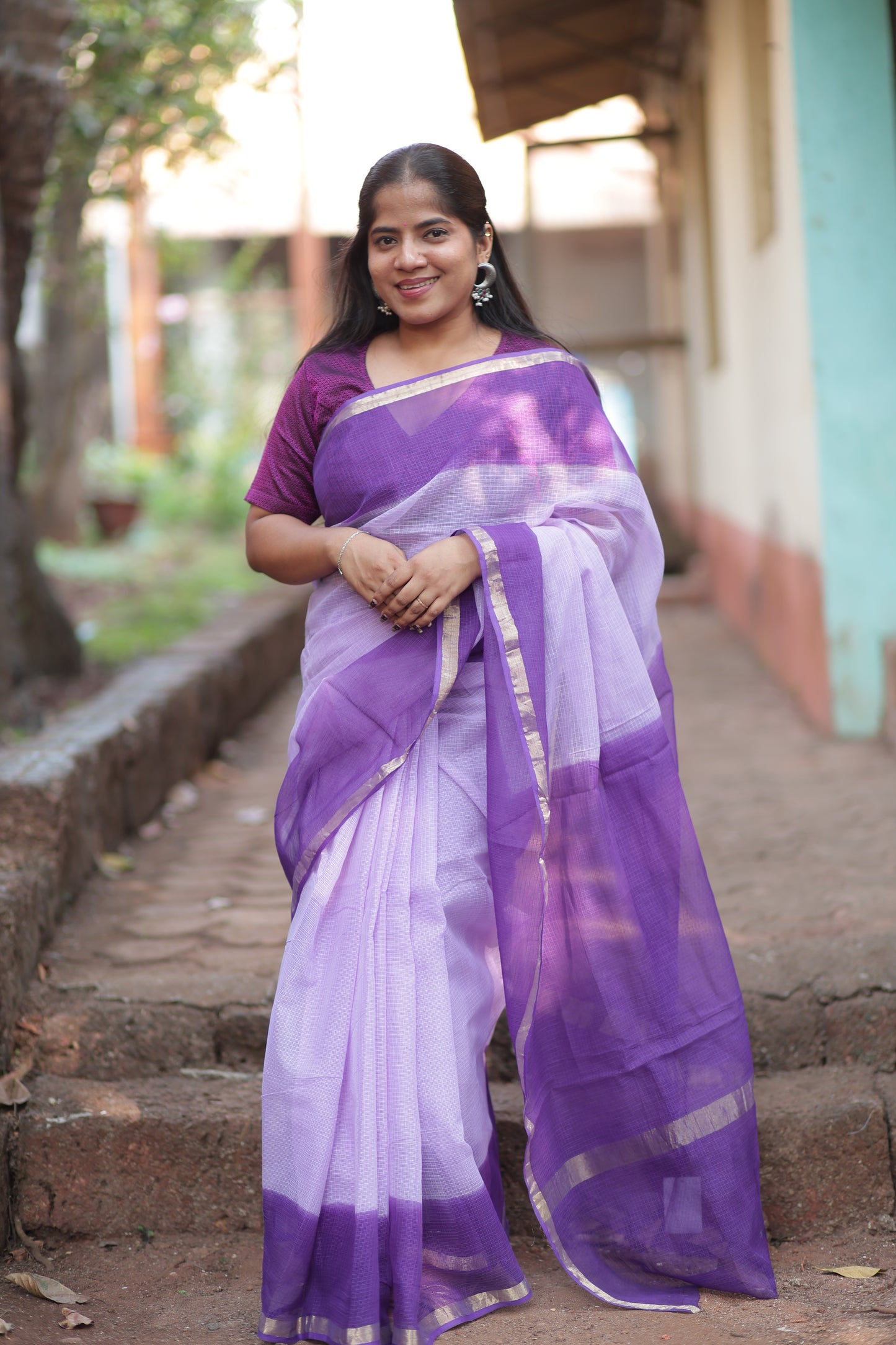 French Lilac Ombre-Dyed Kota Doria Saree