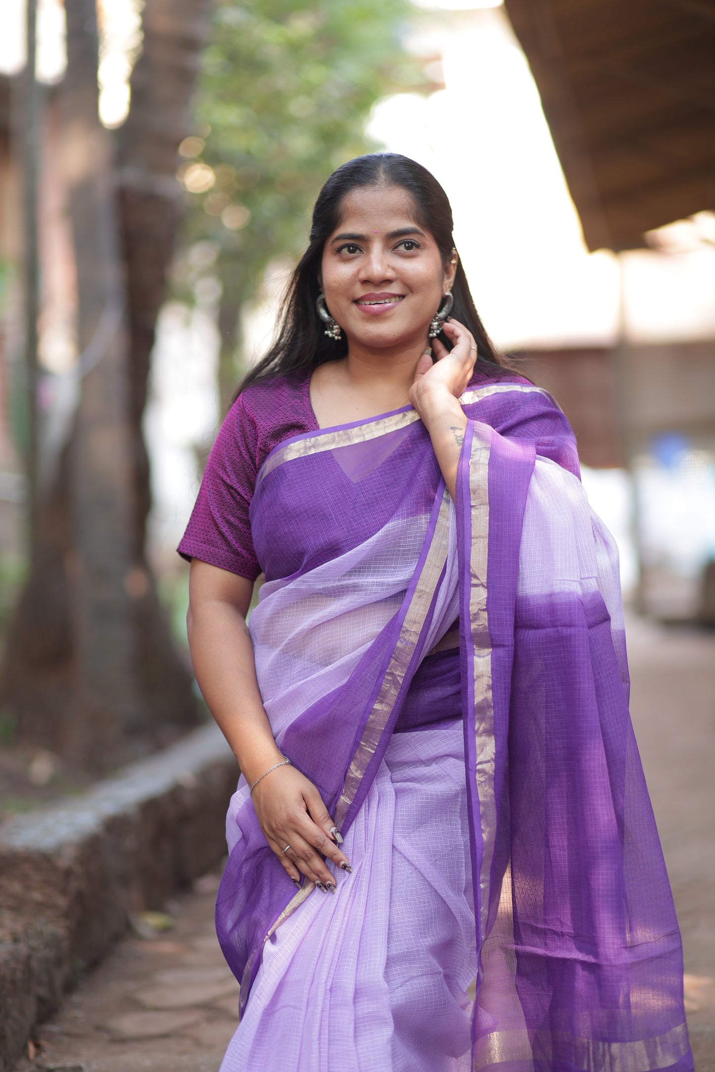 French Lilac Ombre-Dyed Kota Doria Saree
