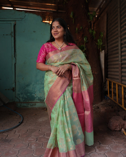 Mint Zari Kota Doria Saree