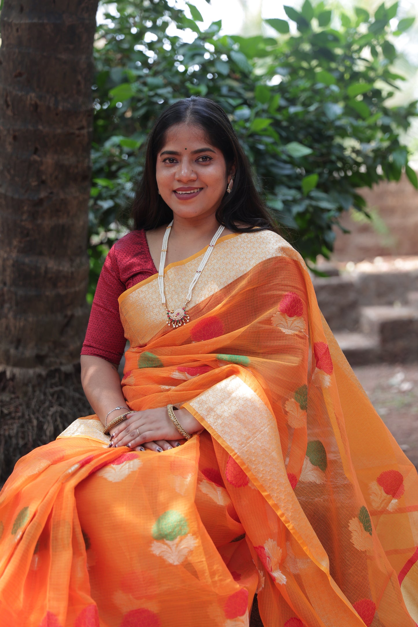 Carrot Zari Kota Doria Saree