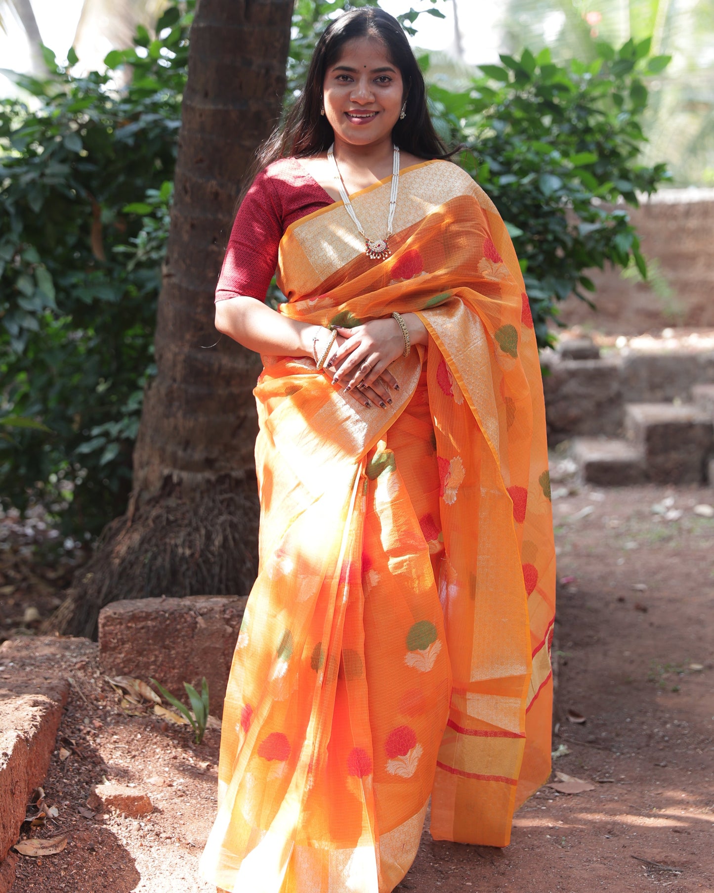 Carrot Zari Kota Doria Saree