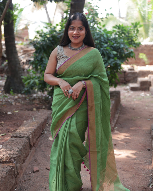Forest Green Handloom Linen Saree