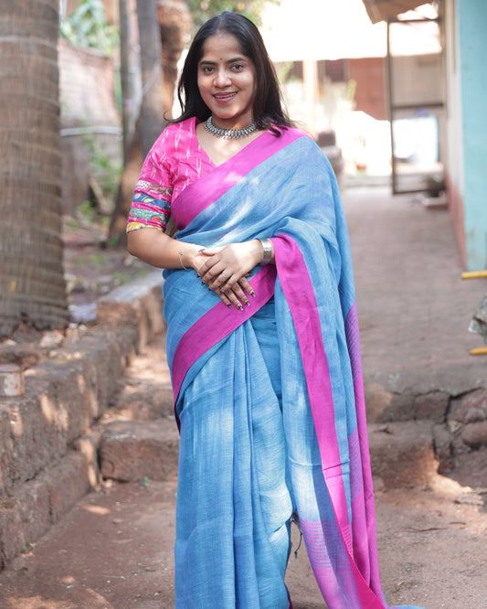 Blue Handloom Linen Saree