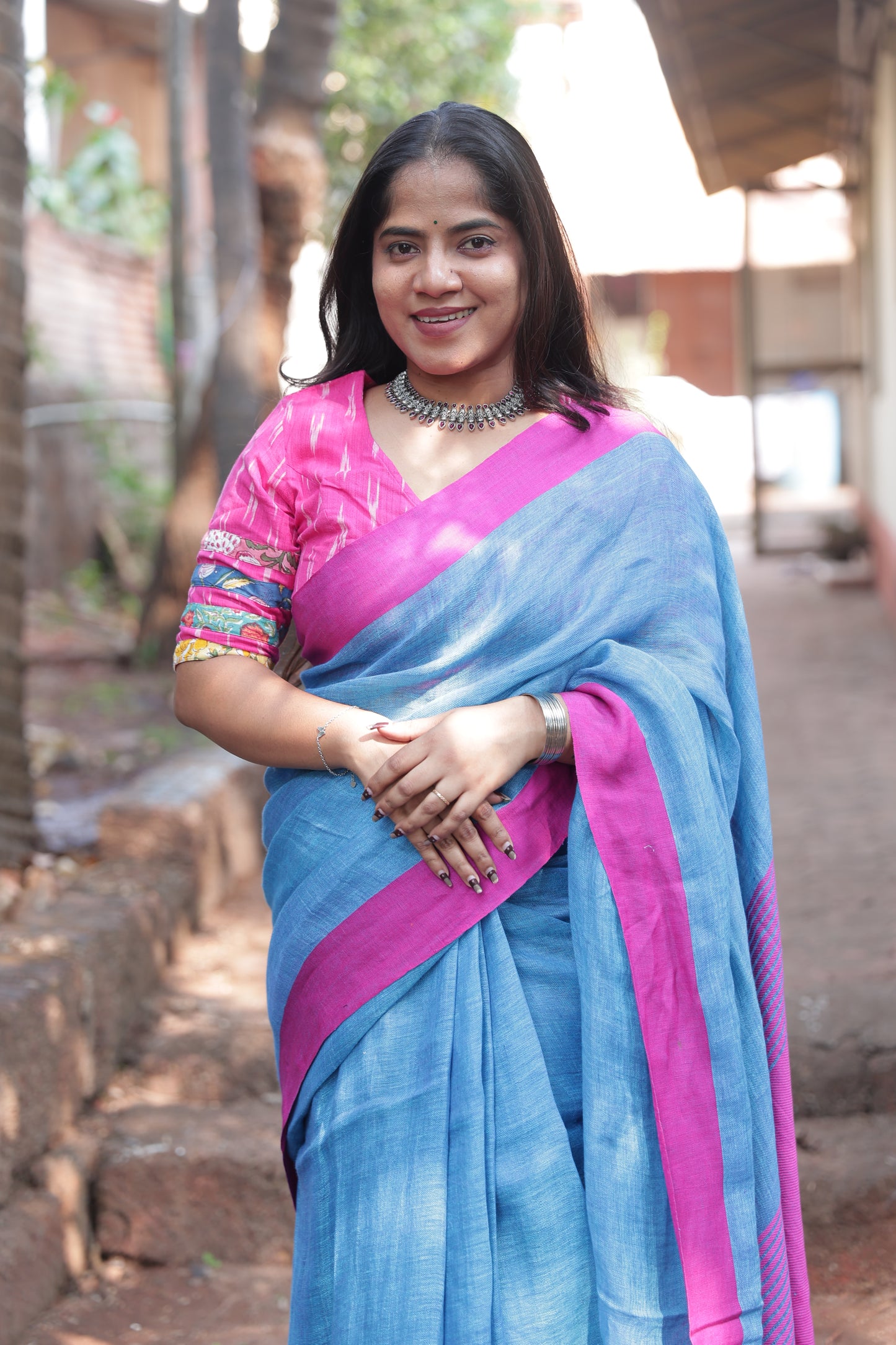 Blue Handloom Linen Saree