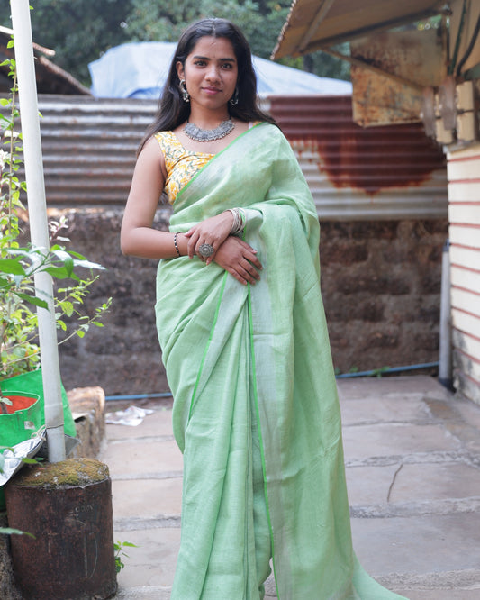 Light Green Handloom Linen Saree