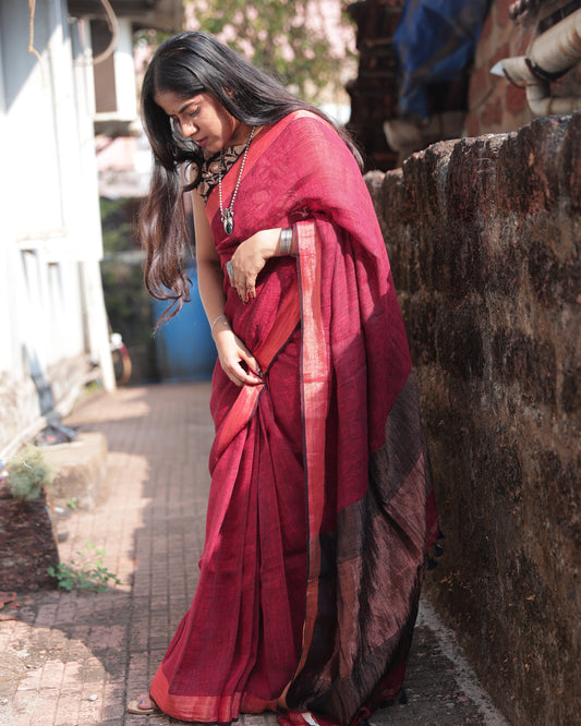 Maroon Handloom Linen Saree